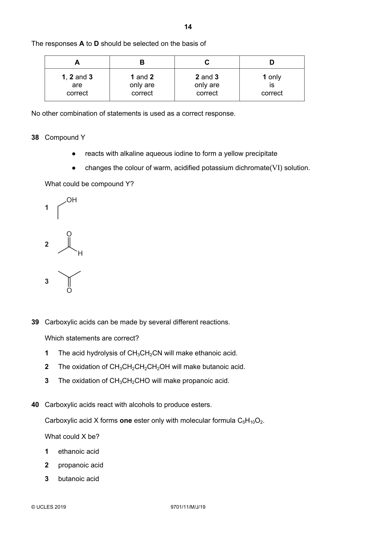 Cambridge A Level Chemistry 9701 2019 May/June Paper 1 · Variant 1 question paper, page 14 of 16