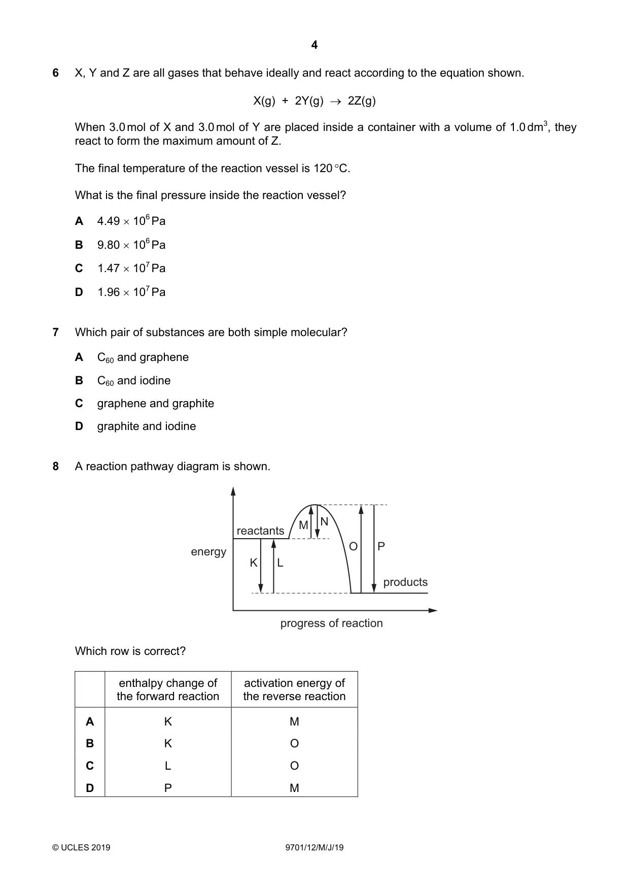 Cambridge A Level Chemistry 9701 2019 May/June Paper 1 · Variant 2 question paper, page 4 of 16