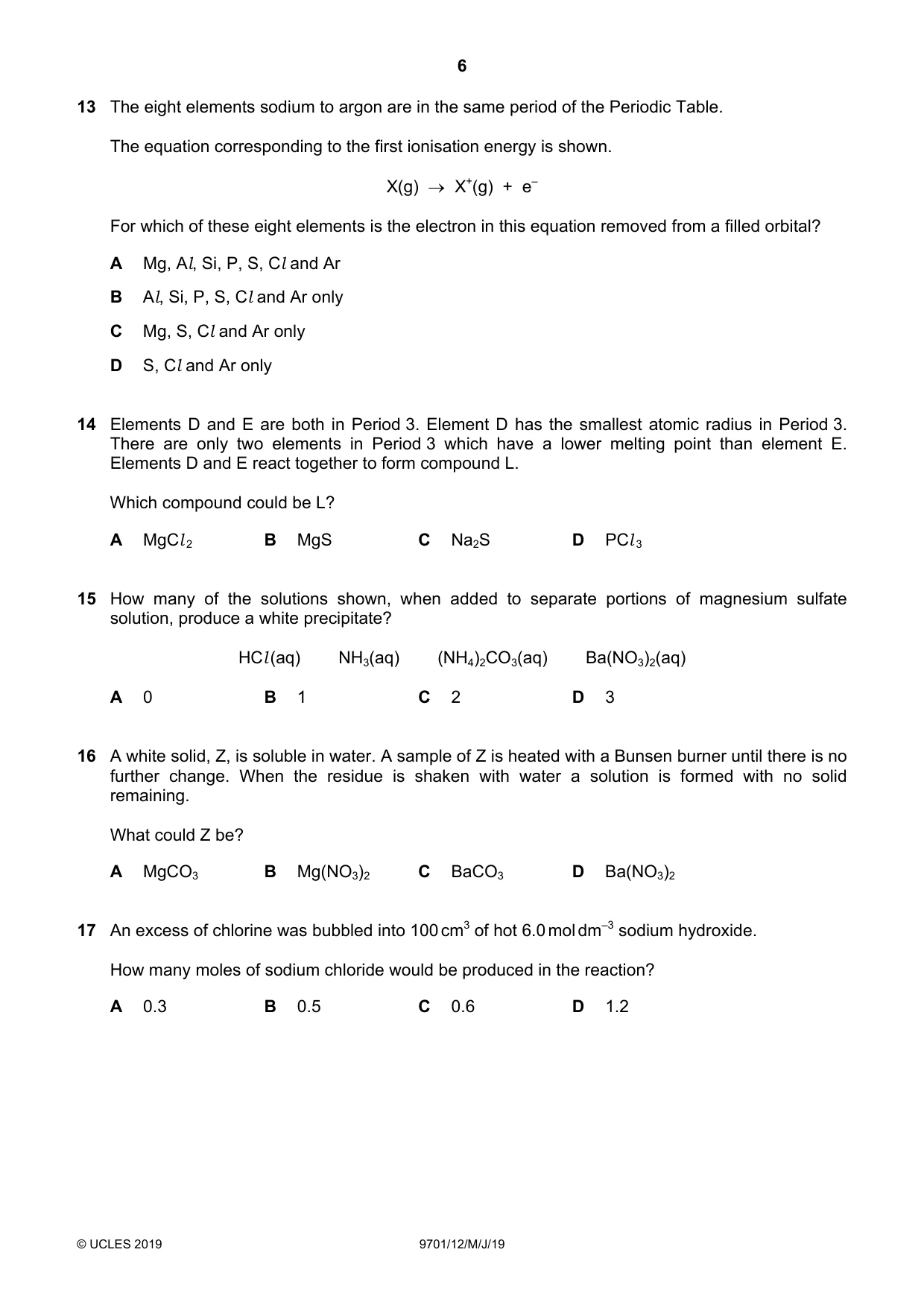Cambridge A Level Chemistry 9701 2019 May/June Paper 1 · Variant 2 question paper, page 6 of 16