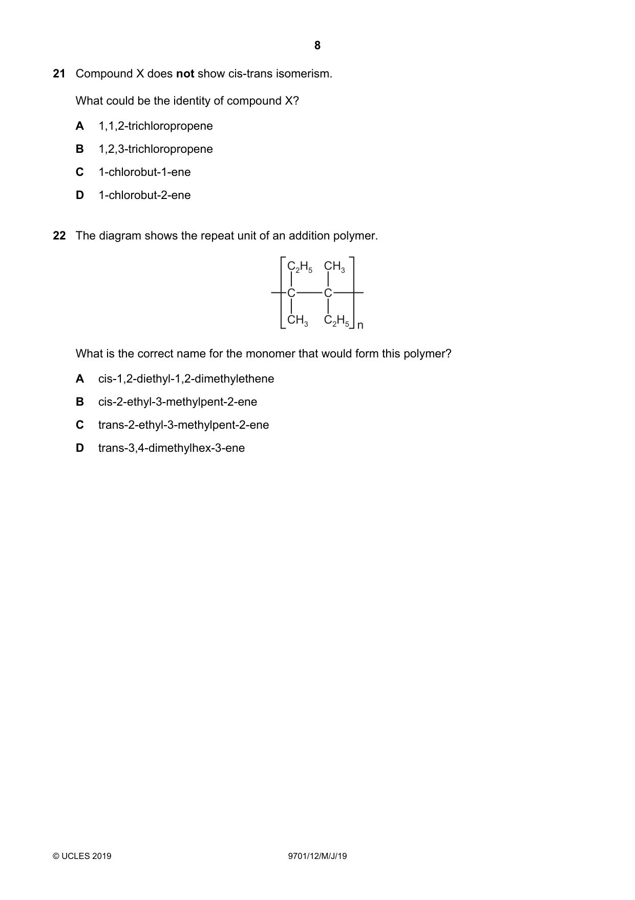 Cambridge A Level Chemistry 9701 2019 May/June Paper 1 · Variant 2 question paper, page 8 of 16