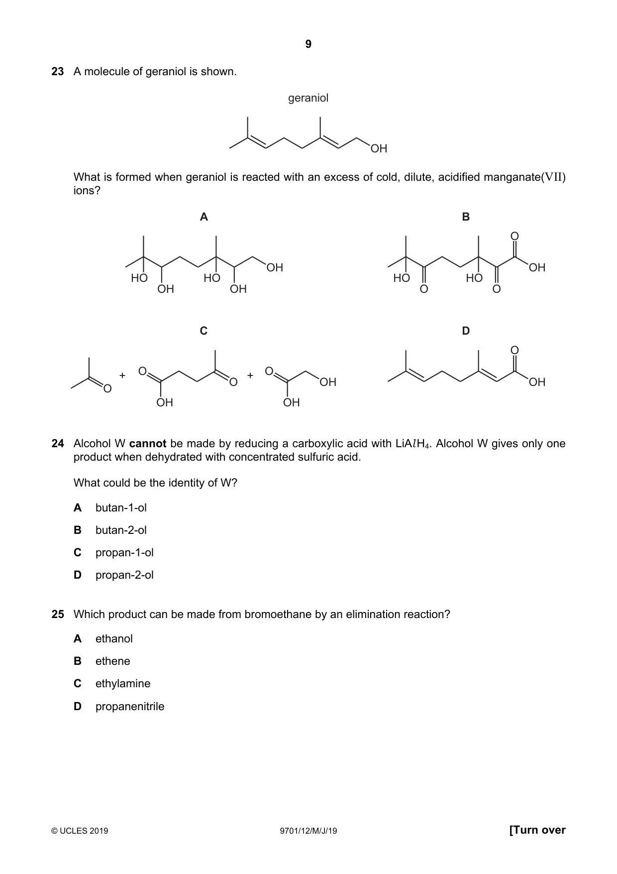 Cambridge A Level Chemistry 9701 2019 May/June Paper 1 · Variant 2 question paper, page 9 of 16