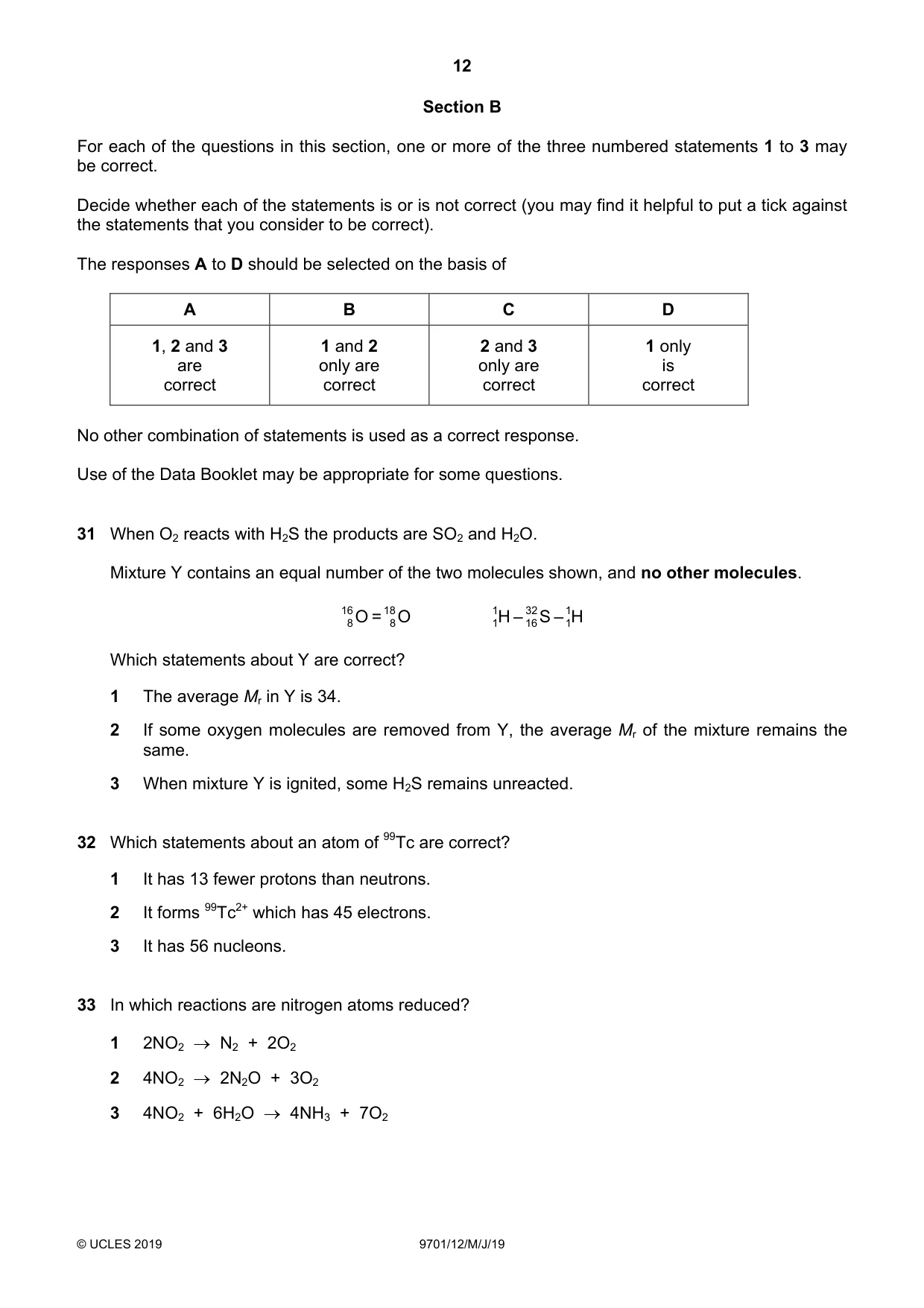 Cambridge A Level Chemistry 9701 2019 May/June Paper 1 · Variant 2 question paper, page 12 of 16