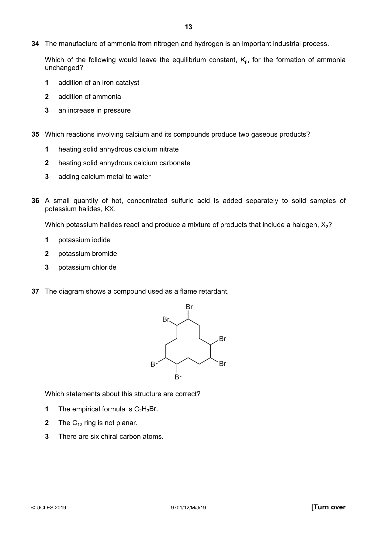 Cambridge A Level Chemistry 9701 2019 May/June Paper 1 · Variant 2 question paper, page 13 of 16