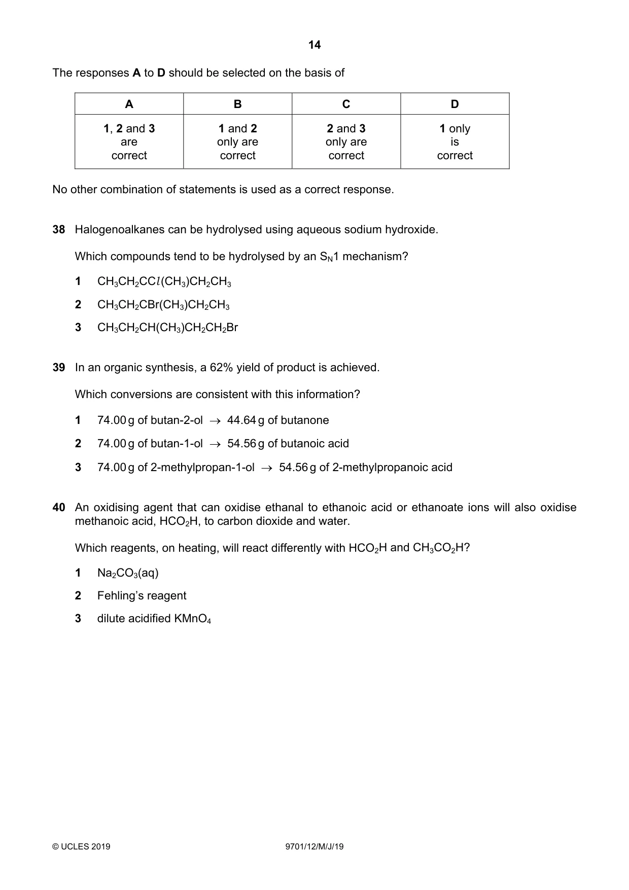 Cambridge A Level Chemistry 9701 2019 May/June Paper 1 · Variant 2 question paper, page 14 of 16