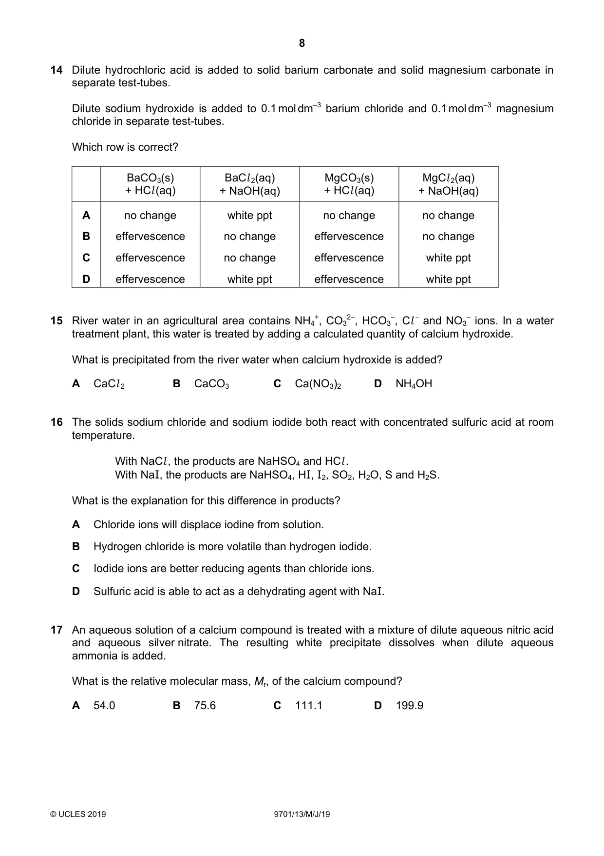 Cambridge A Level Chemistry 9701 2019 May/June Paper 1 · Variant 3 question paper, page 8 of 16