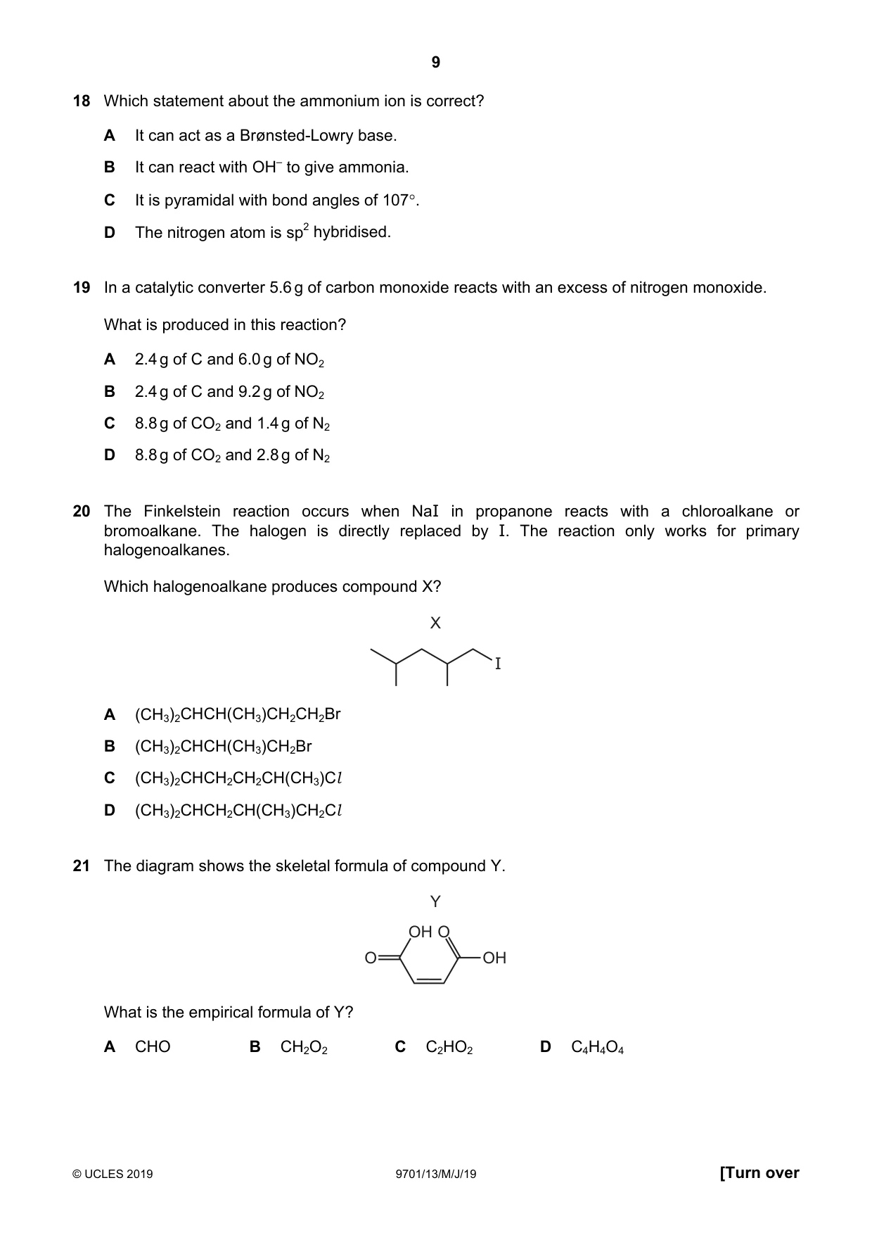 Cambridge A Level Chemistry 9701 2019 May/June Paper 1 · Variant 3 question paper, page 9 of 16