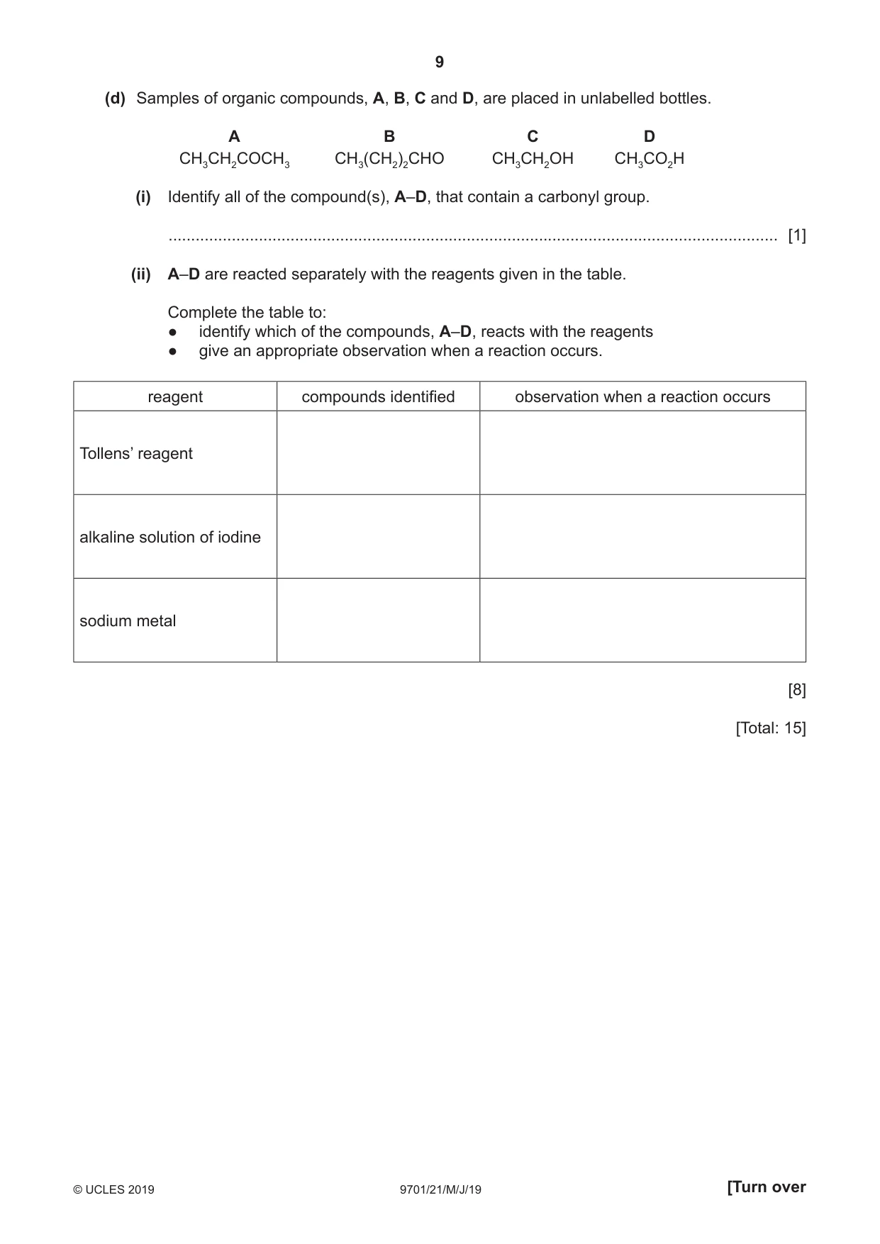 Cambridge A Level Chemistry 9701 2019 May/June Paper 2 · Variant 1 question paper, page 9 of 12