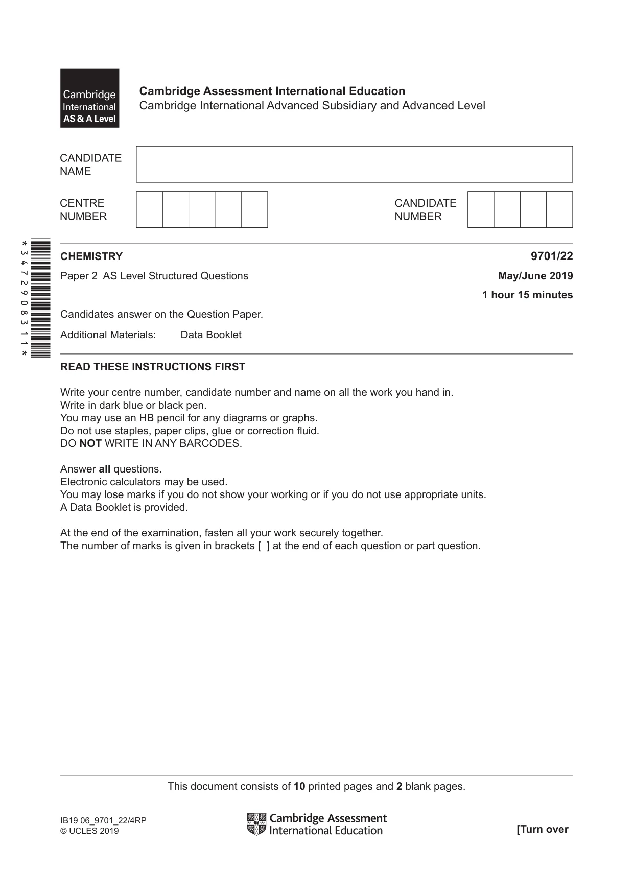 Cambridge A Level Chemistry 9701 2019 May/June Paper 2 · Variant 2 question paper, page 1 of 12