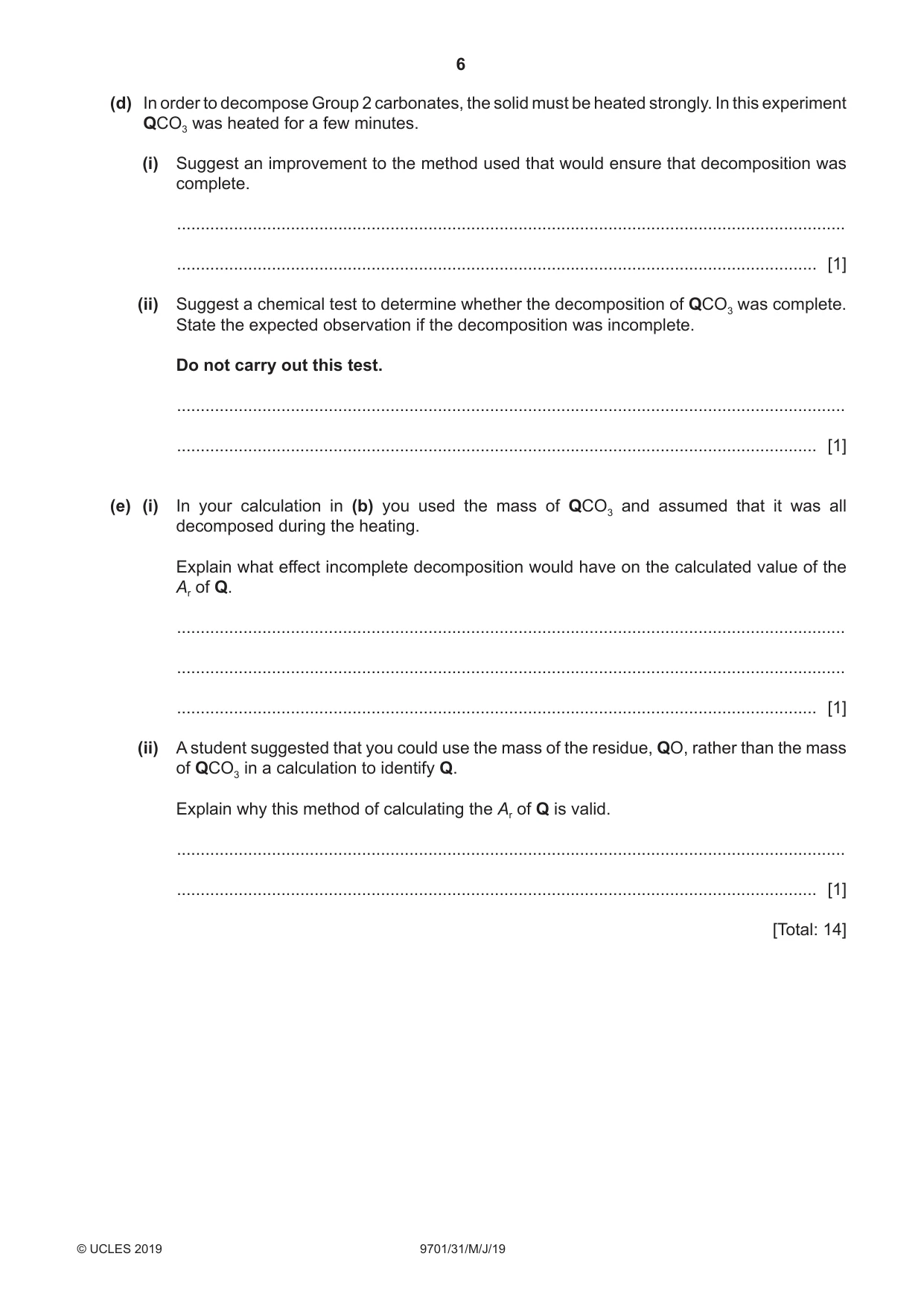 Cambridge A Level Chemistry 9701 2019 May/June Paper 3 · Variant 1 question paper, page 6 of 12