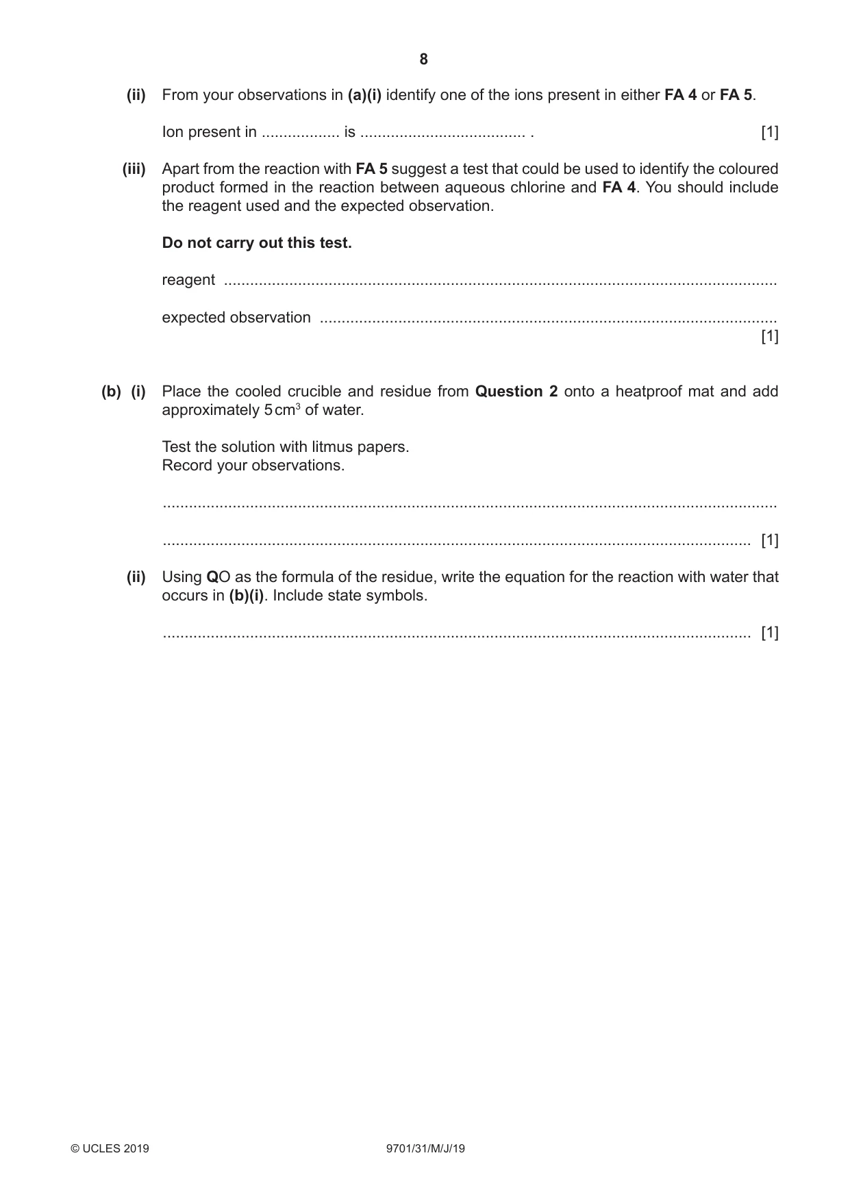 Cambridge A Level Chemistry 9701 2019 May/June Paper 3 · Variant 1 question paper, page 8 of 12