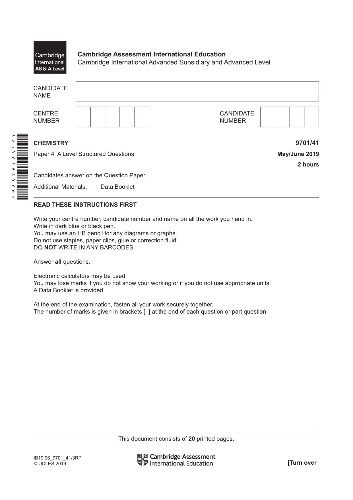 Cambridge A Level Chemistry 9701 2019 May/June Paper 4 · Variant 1 question paper, page 1 of 20