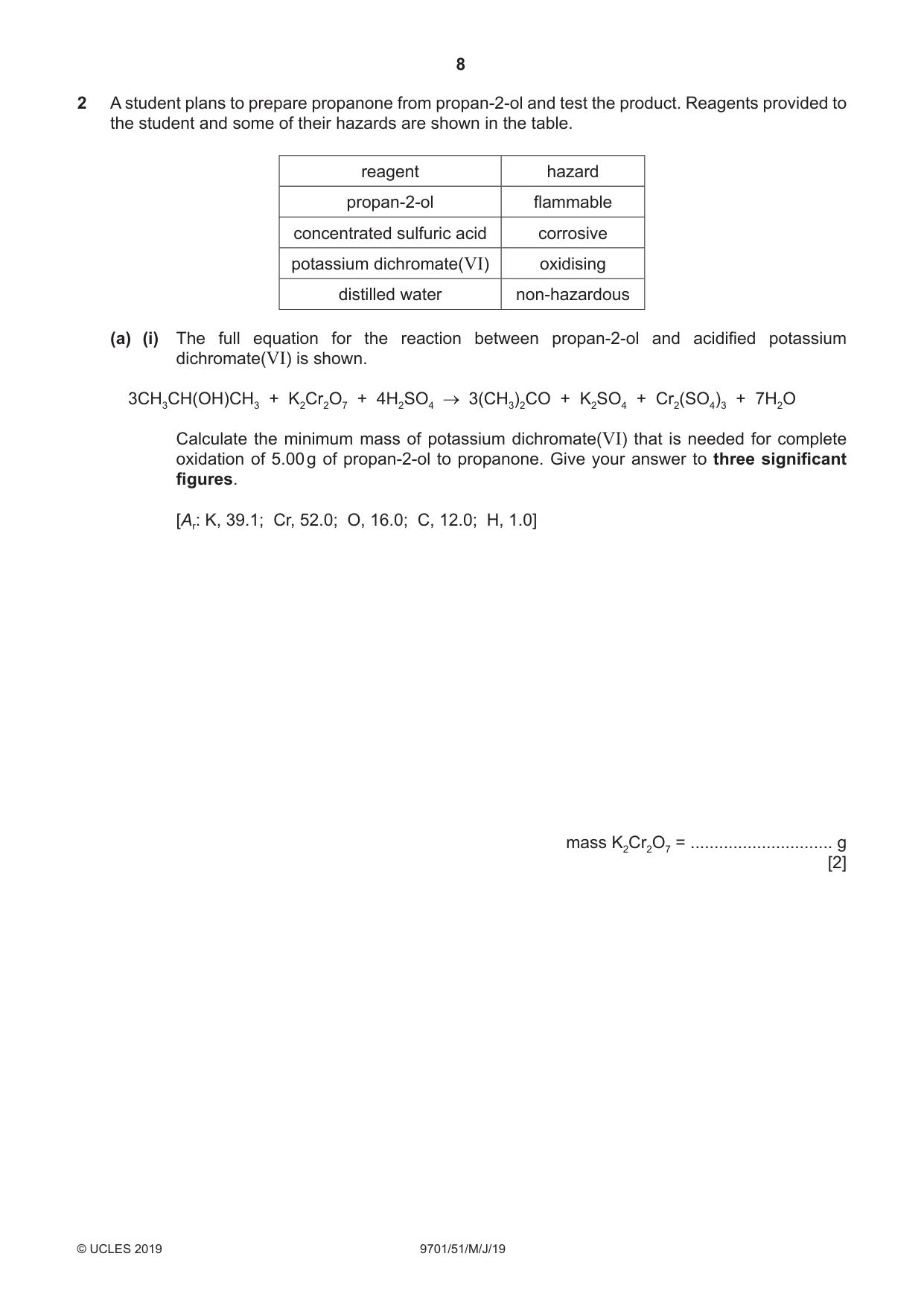 Cambridge A Level Chemistry 9701 2019 May/June Paper 5 · Variant 1 question paper, page 8 of 12
