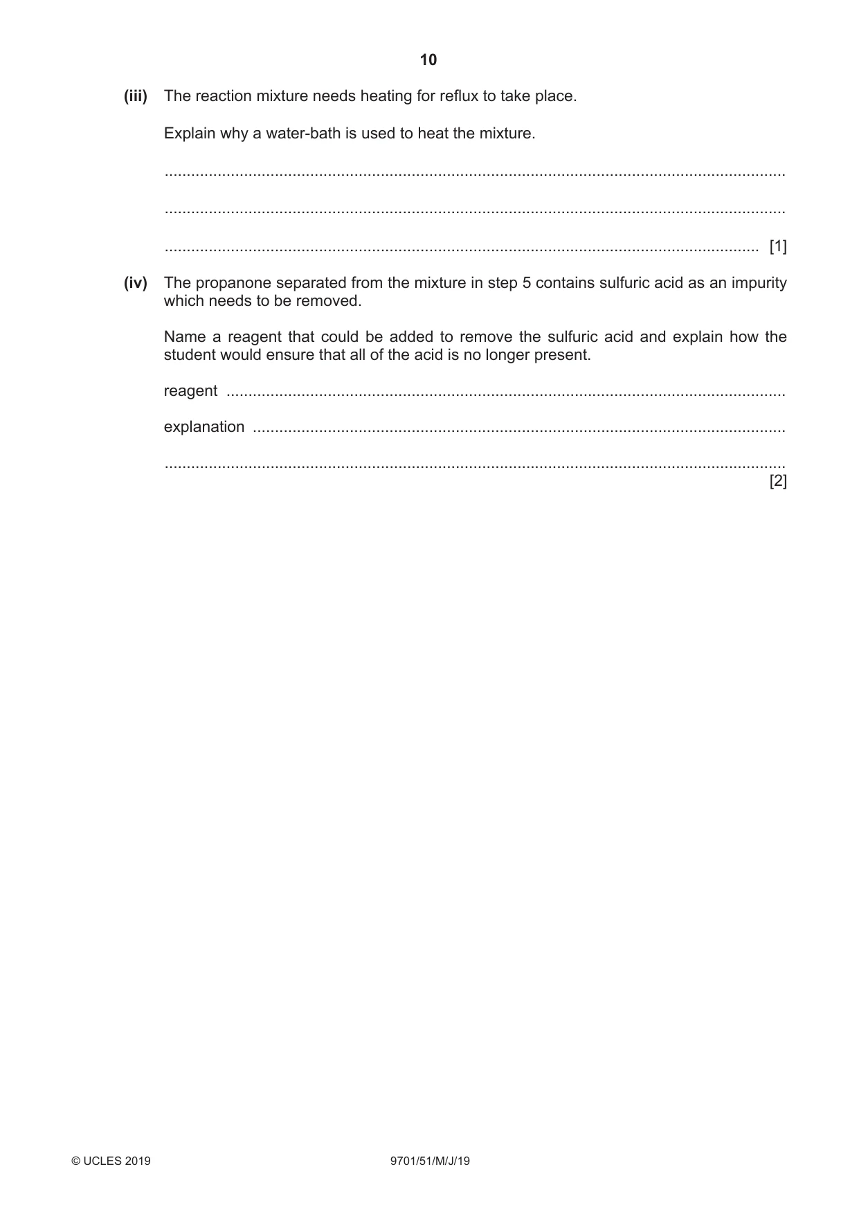 Cambridge A Level Chemistry 9701 2019 May/June Paper 5 · Variant 1 question paper, page 10 of 12