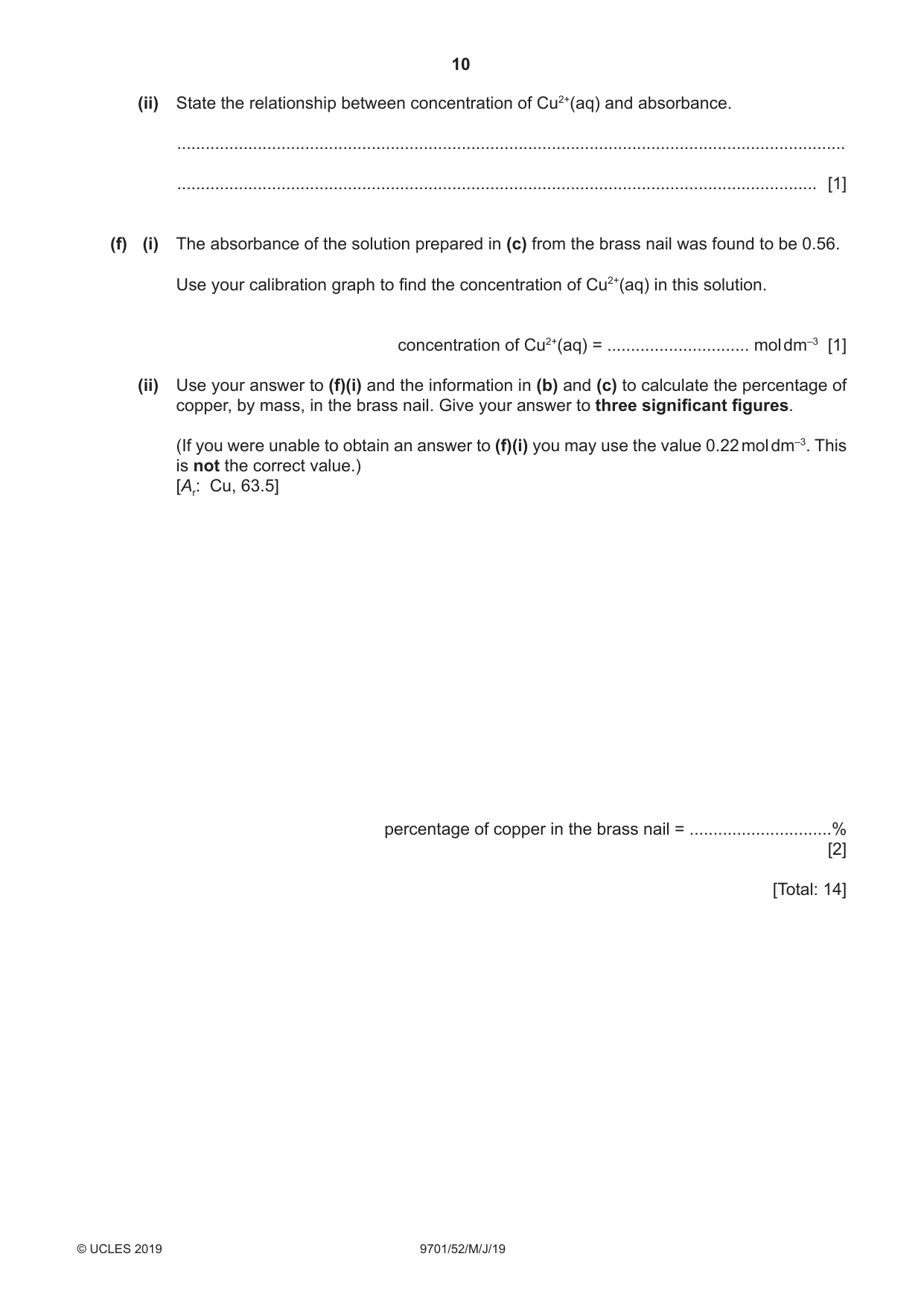 Cambridge A Level Chemistry 9701 2019 May/June Paper 5 · Variant 2 question paper, page 10 of 12