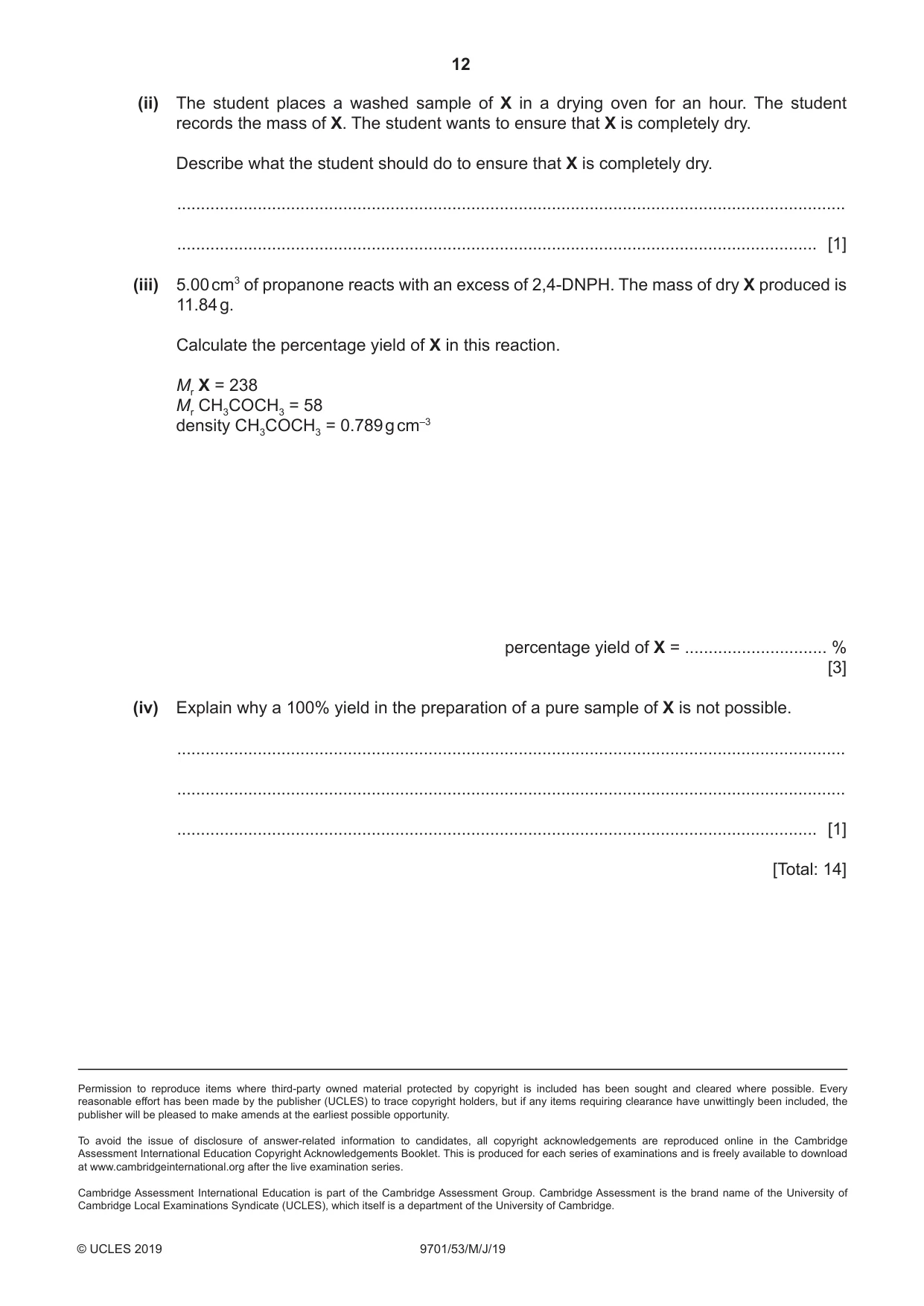Cambridge A Level Chemistry 9701 2019 May/June Paper 5 · Variant 3 question paper, page 12 of 12