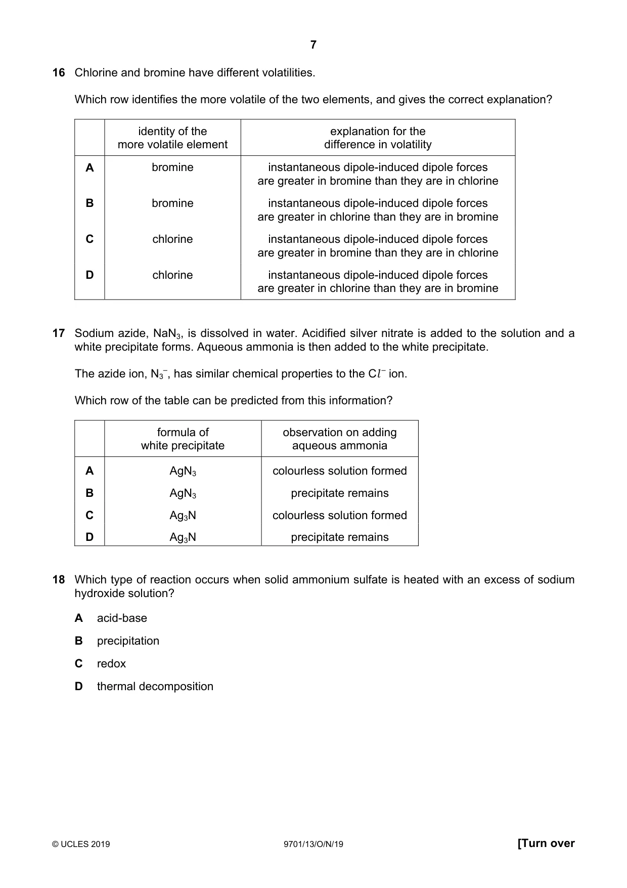 Cambridge A Level Chemistry 9701 2019 Oct/Nov Paper 1 · Variant 3 question paper, page 7 of 16
