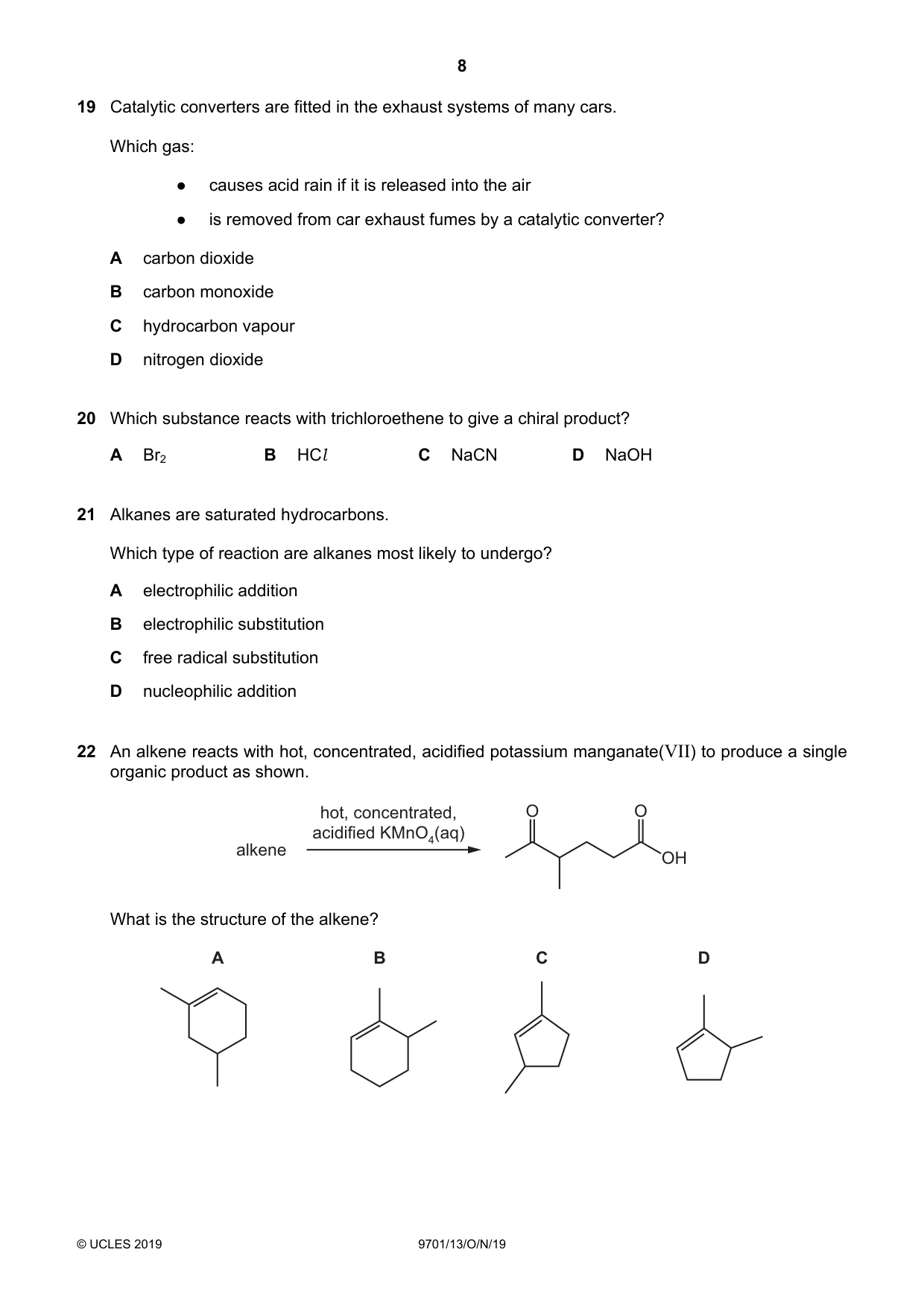 Cambridge A Level Chemistry 9701 2019 Oct/Nov Paper 1 · Variant 3 question paper, page 8 of 16
