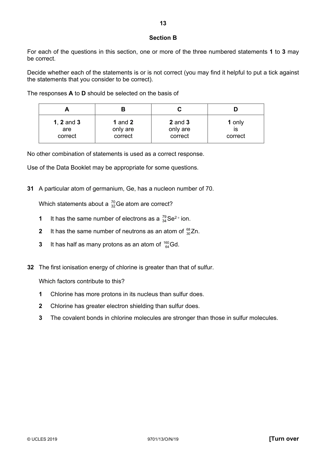Cambridge A Level Chemistry 9701 2019 Oct/Nov Paper 1 · Variant 3 question paper, page 13 of 16