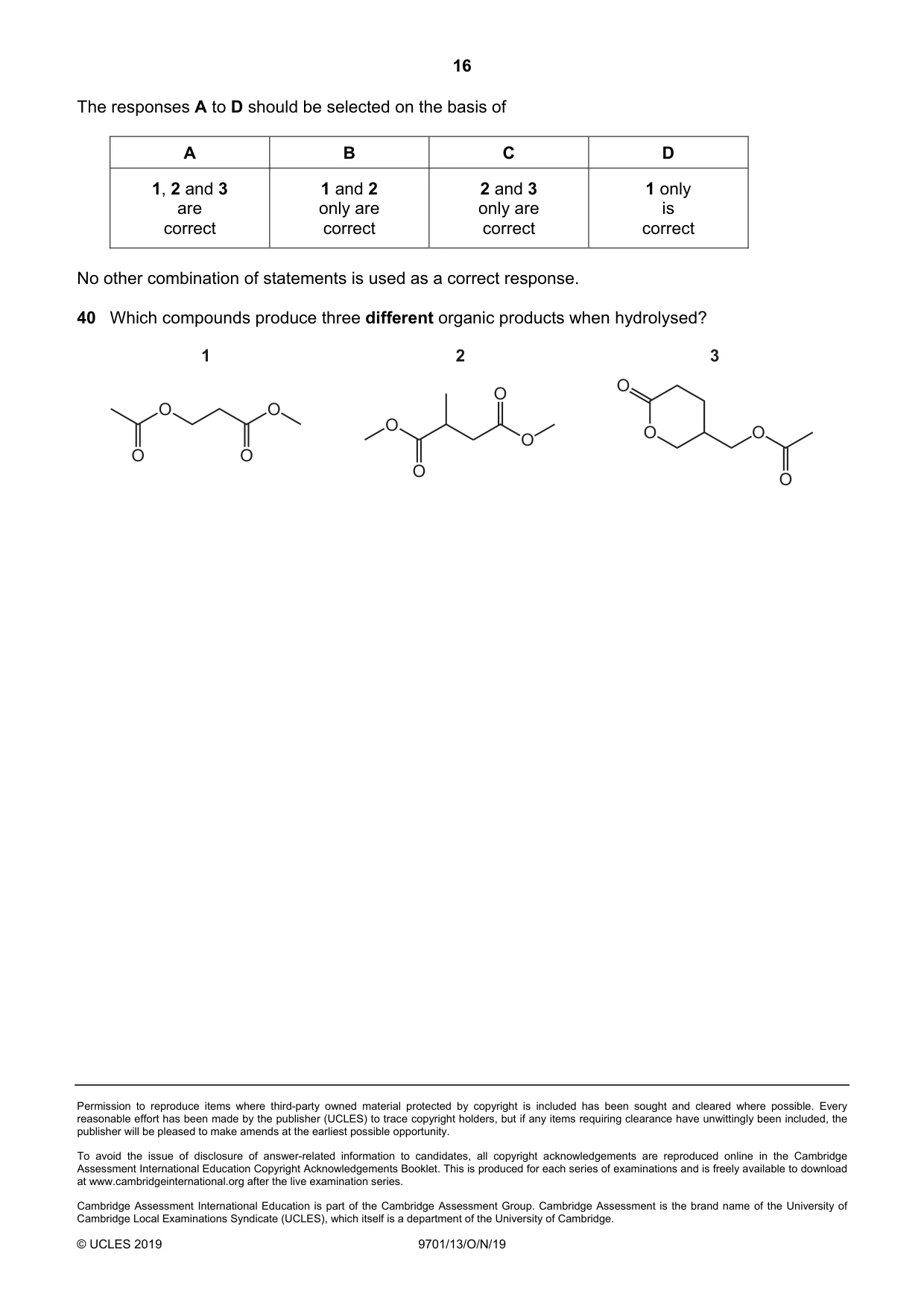 Cambridge A Level Chemistry 9701 2019 Oct/Nov Paper 1 · Variant 3 question paper, page 16 of 16