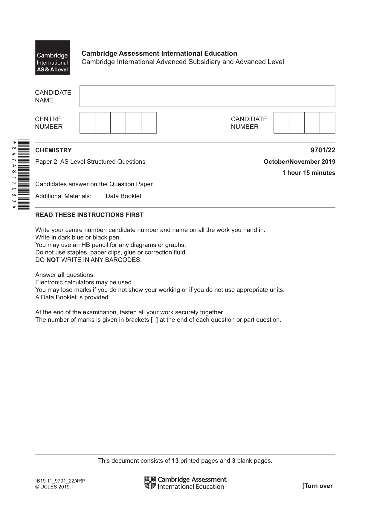 Cambridge A Level Chemistry 9701 2019 Oct/Nov Paper 2 · Variant 2 question paper, page 1 of 16