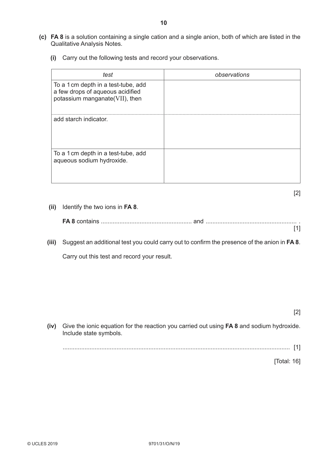 Cambridge A Level Chemistry 9701 2019 Oct/Nov Paper 3 · Variant 1 question paper, page 10 of 16