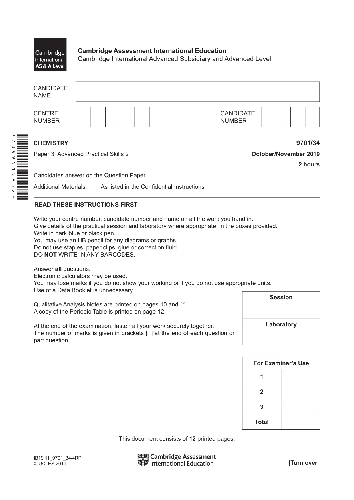 Cambridge A Level Chemistry 9701 2019 Oct/Nov Paper 3 · Variant 4 question paper, page 1 of 12