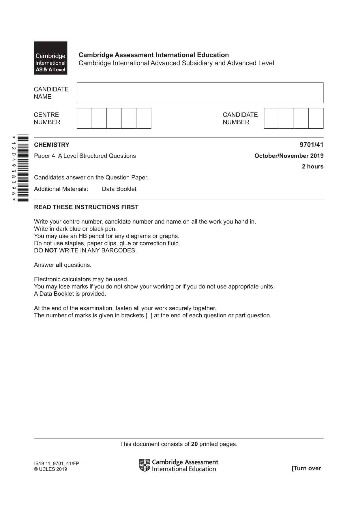 Cambridge A Level Chemistry 9701 2019 Oct/Nov Paper 4 · Variant 1 question paper, page 1 of 20