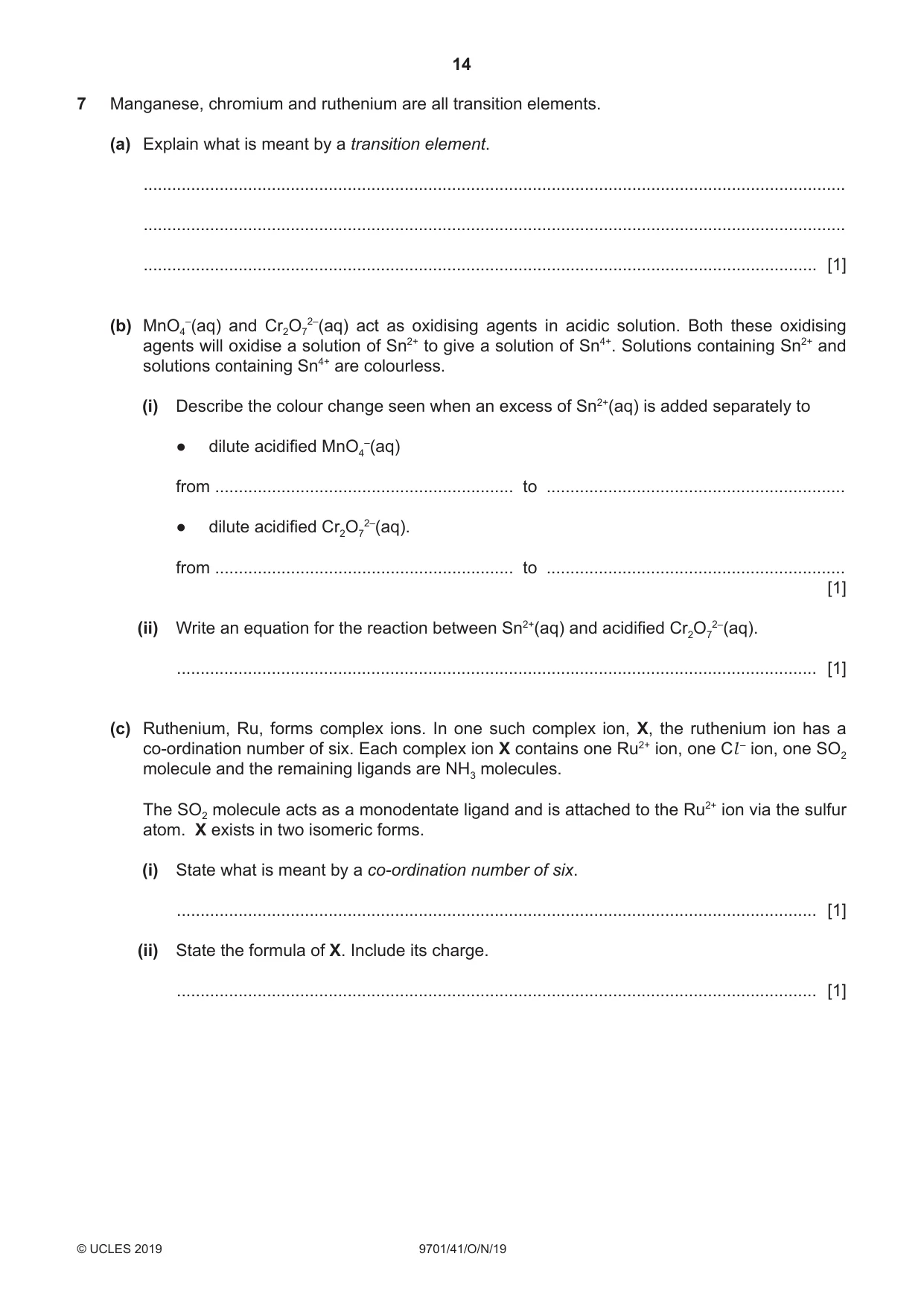 Cambridge A Level Chemistry 9701 2019 Oct/Nov Paper 4 · Variant 1 question paper, page 14 of 20
