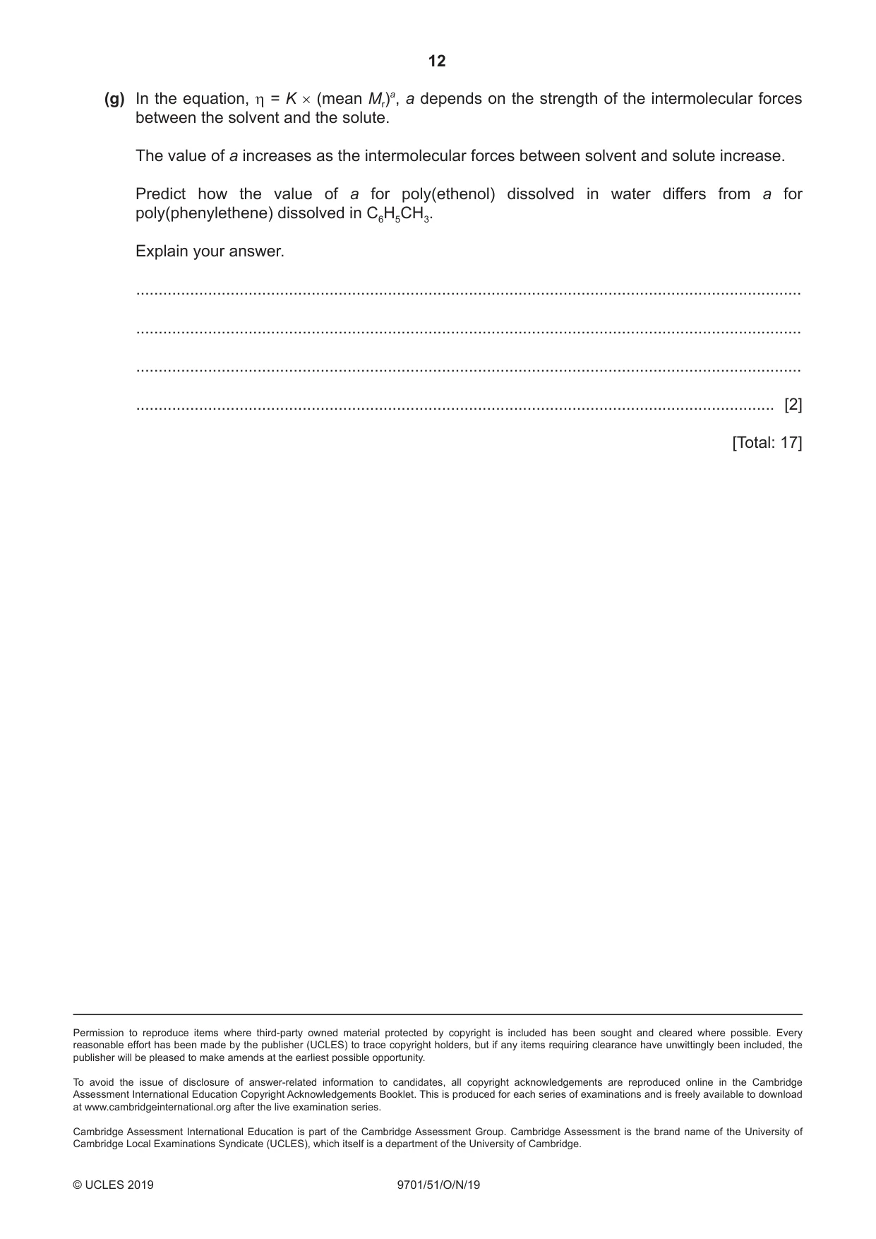 Cambridge A Level Chemistry 9701 2019 Oct/Nov Paper 5 · Variant 1 question paper, page 12 of 12