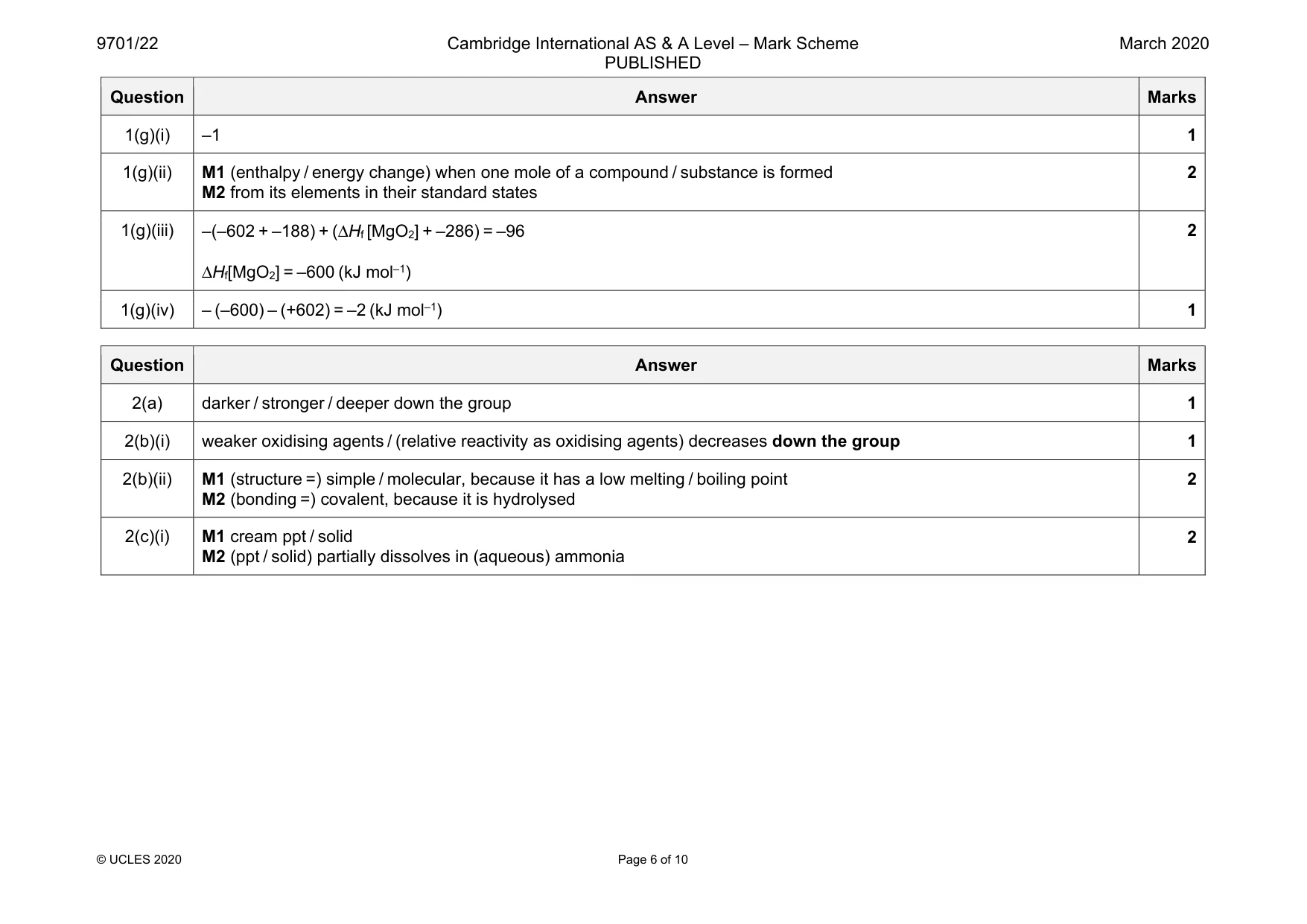 Mark scheme, page 6 of 10