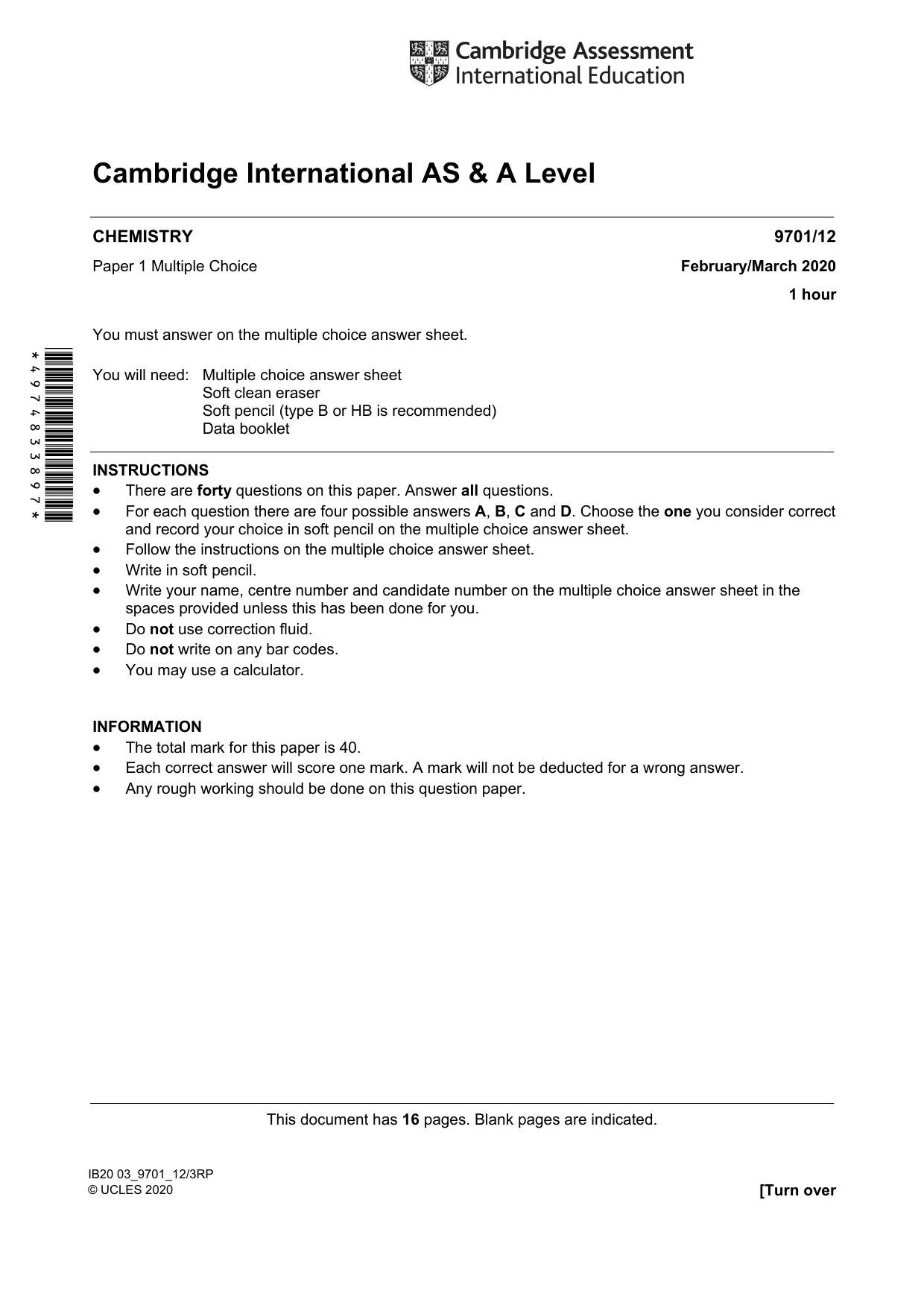 Cambridge A Level Chemistry 9701 2020 Feb/March Paper 1 · Variant 2 question paper, page 1 of 16