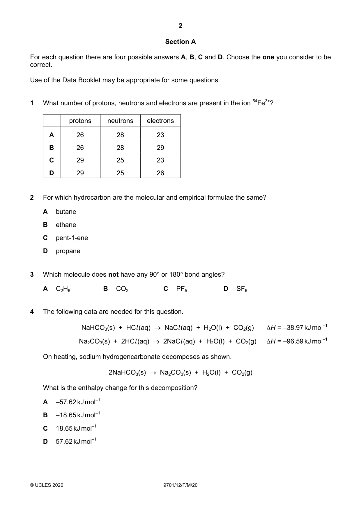 Cambridge A Level Chemistry 9701 2020 Feb/March Paper 1 · Variant 2 question paper, page 2 of 16