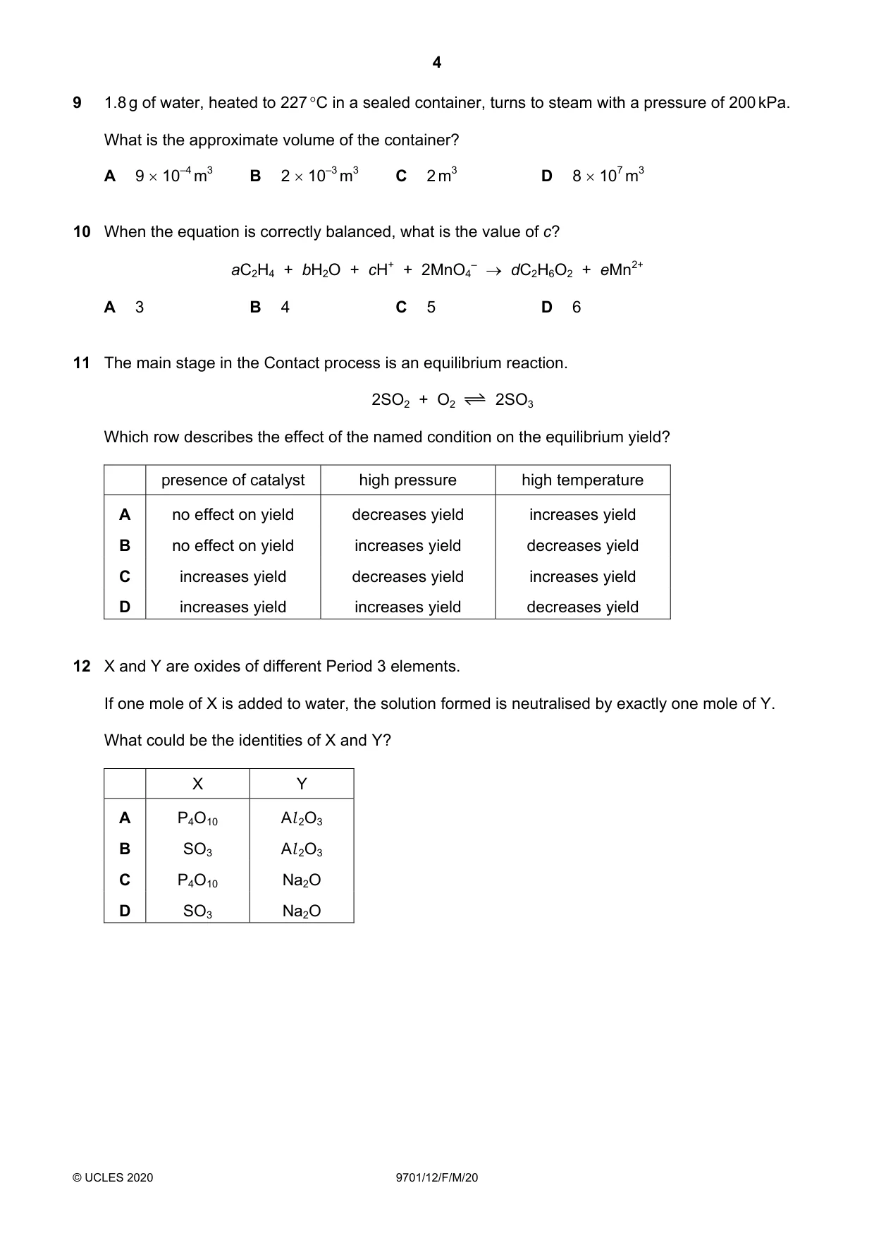Cambridge A Level Chemistry 9701 2020 Feb/March Paper 1 · Variant 2 question paper, page 4 of 16