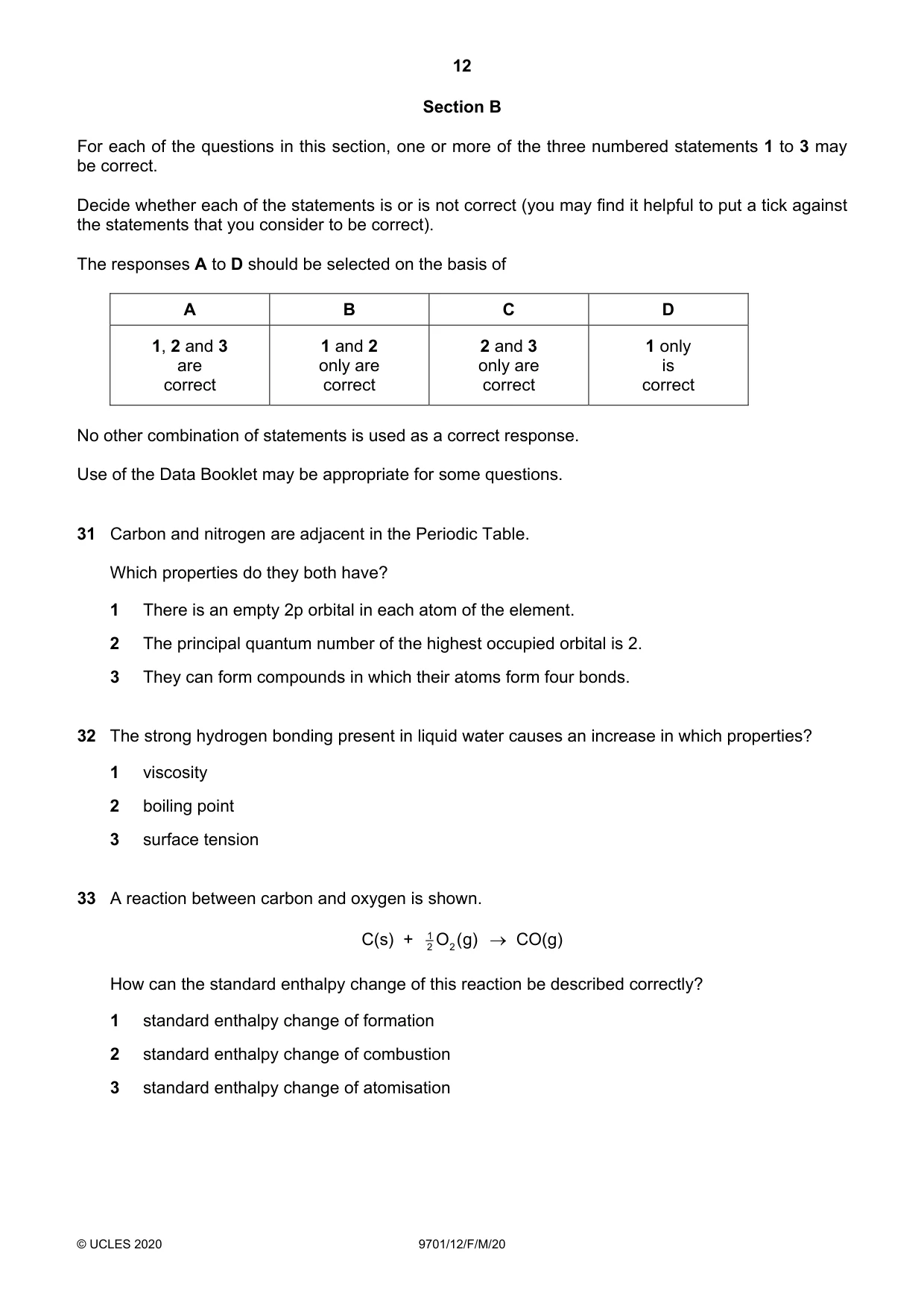 Cambridge A Level Chemistry 9701 2020 Feb/March Paper 1 · Variant 2 question paper, page 12 of 16