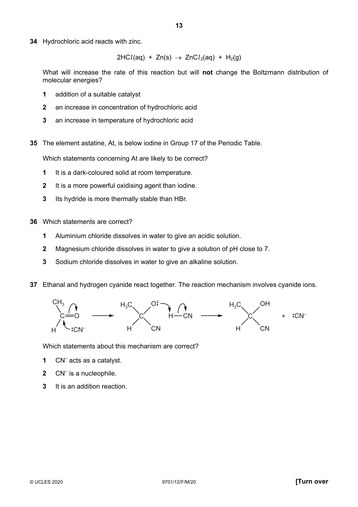 Cambridge A Level Chemistry 9701 2020 Feb/March Paper 1 · Variant 2 question paper, page 13 of 16