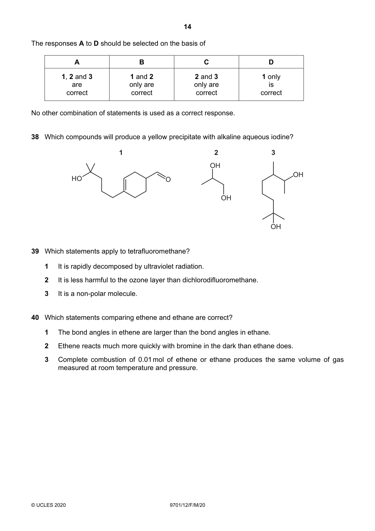 Cambridge A Level Chemistry 9701 2020 Feb/March Paper 1 · Variant 2 question paper, page 14 of 16