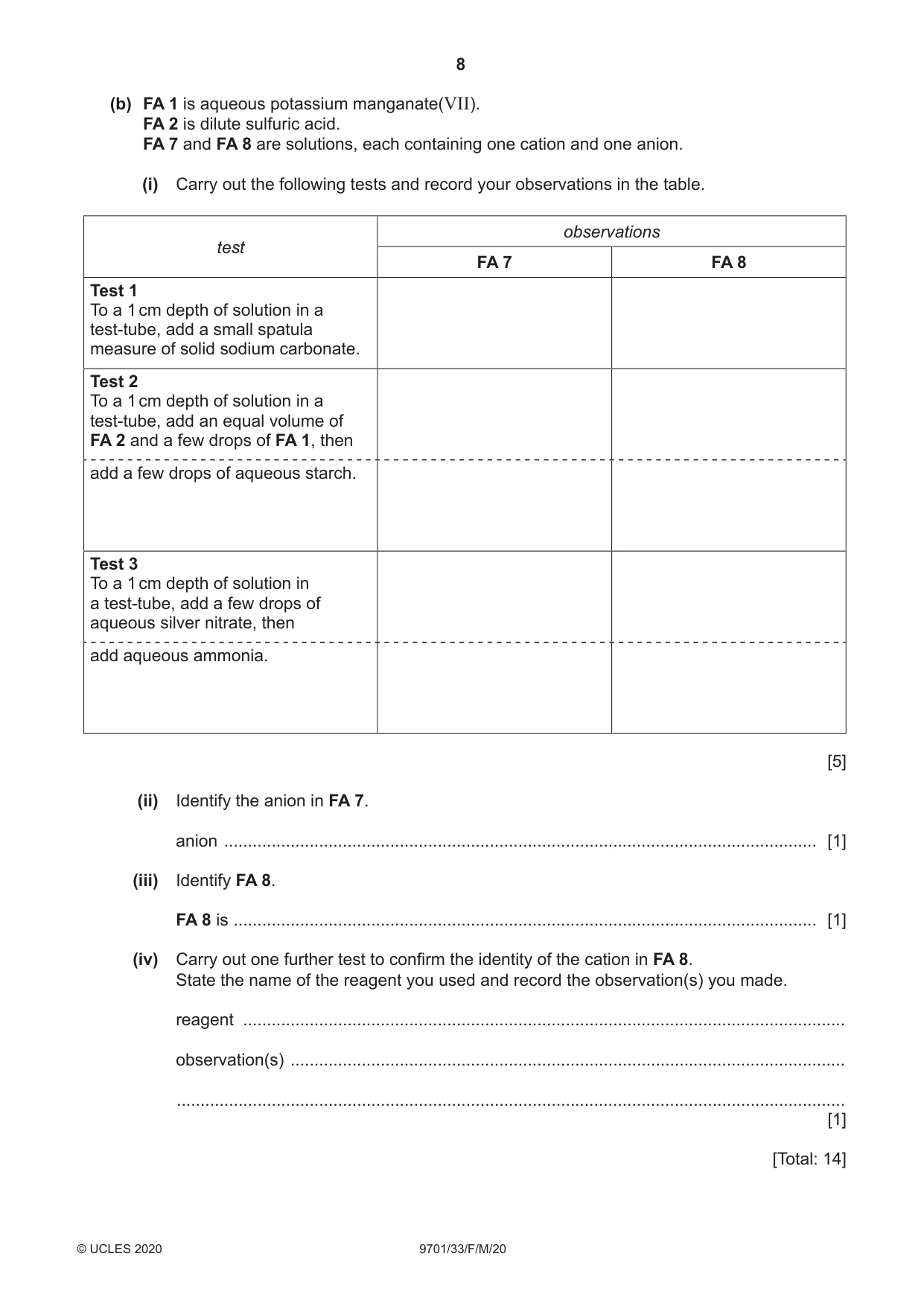 Cambridge A Level Chemistry 9701 2020 Feb/March Paper 3 · Variant 3 question paper, page 8 of 12