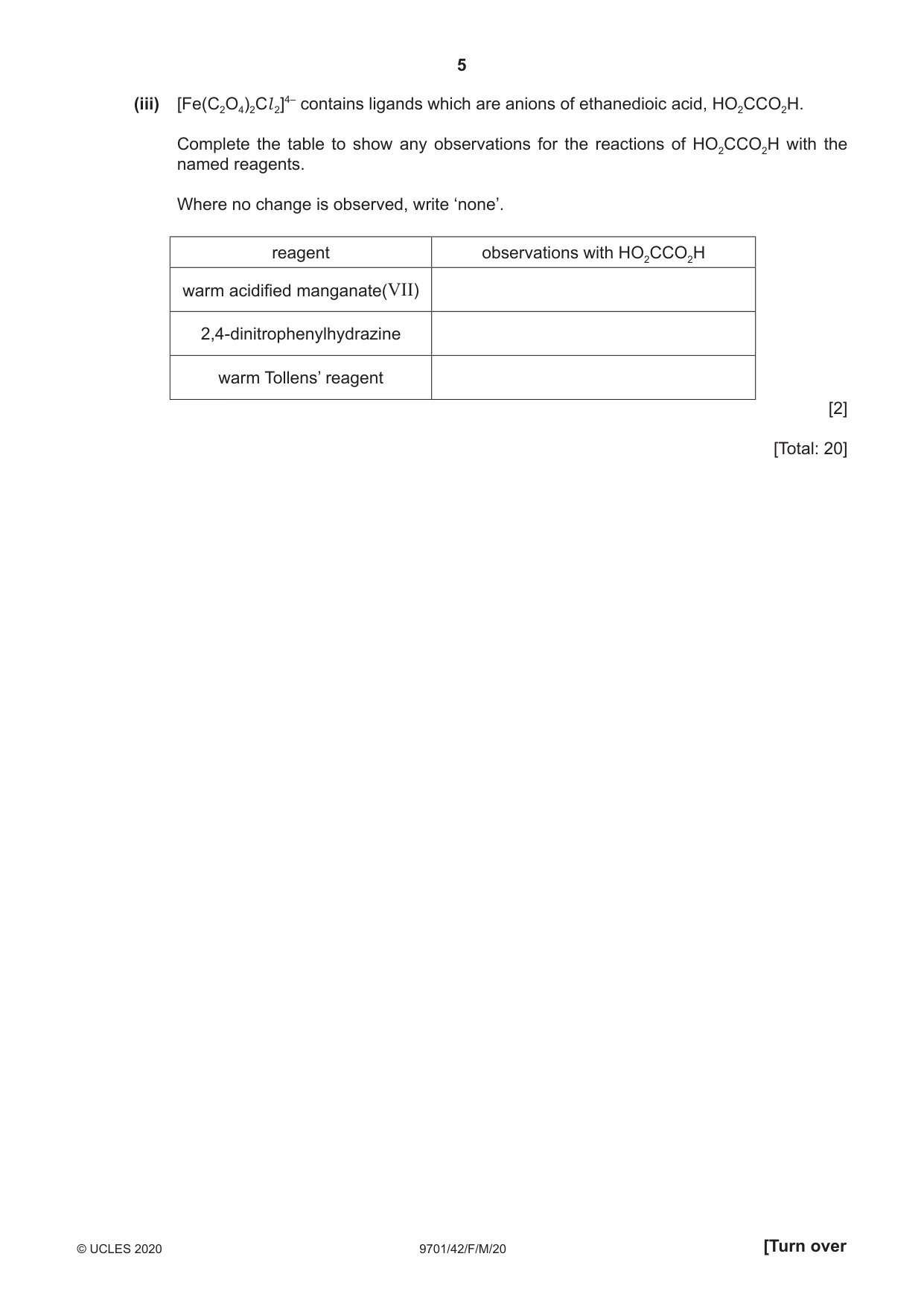 Cambridge A Level Chemistry 9701 2020 Feb/March Paper 4 · Variant 2 question paper, page 5 of 24