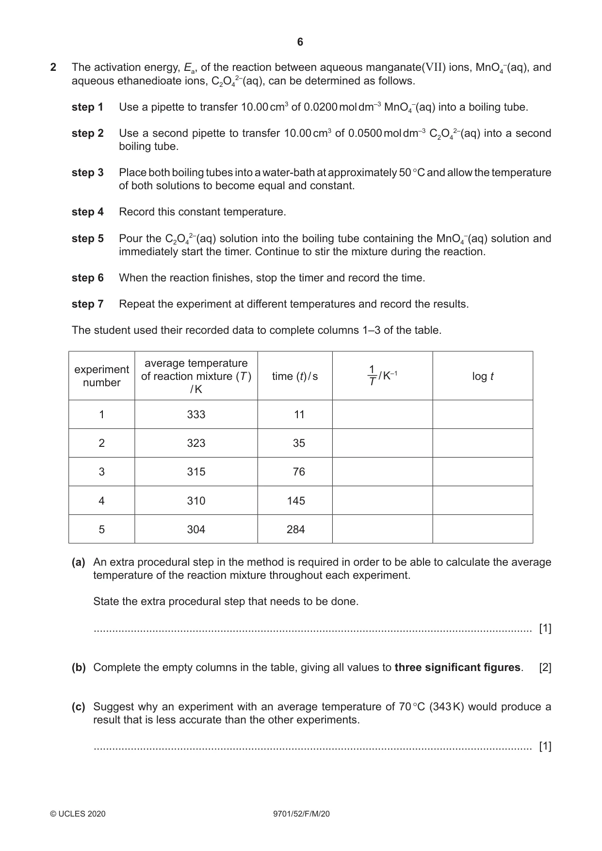 Cambridge A Level Chemistry 9701 2020 Feb/March Paper 5 · Variant 2 question paper, page 6 of 8