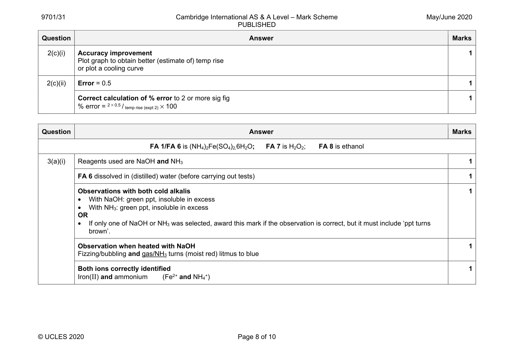 Mark scheme, page 8 of 10