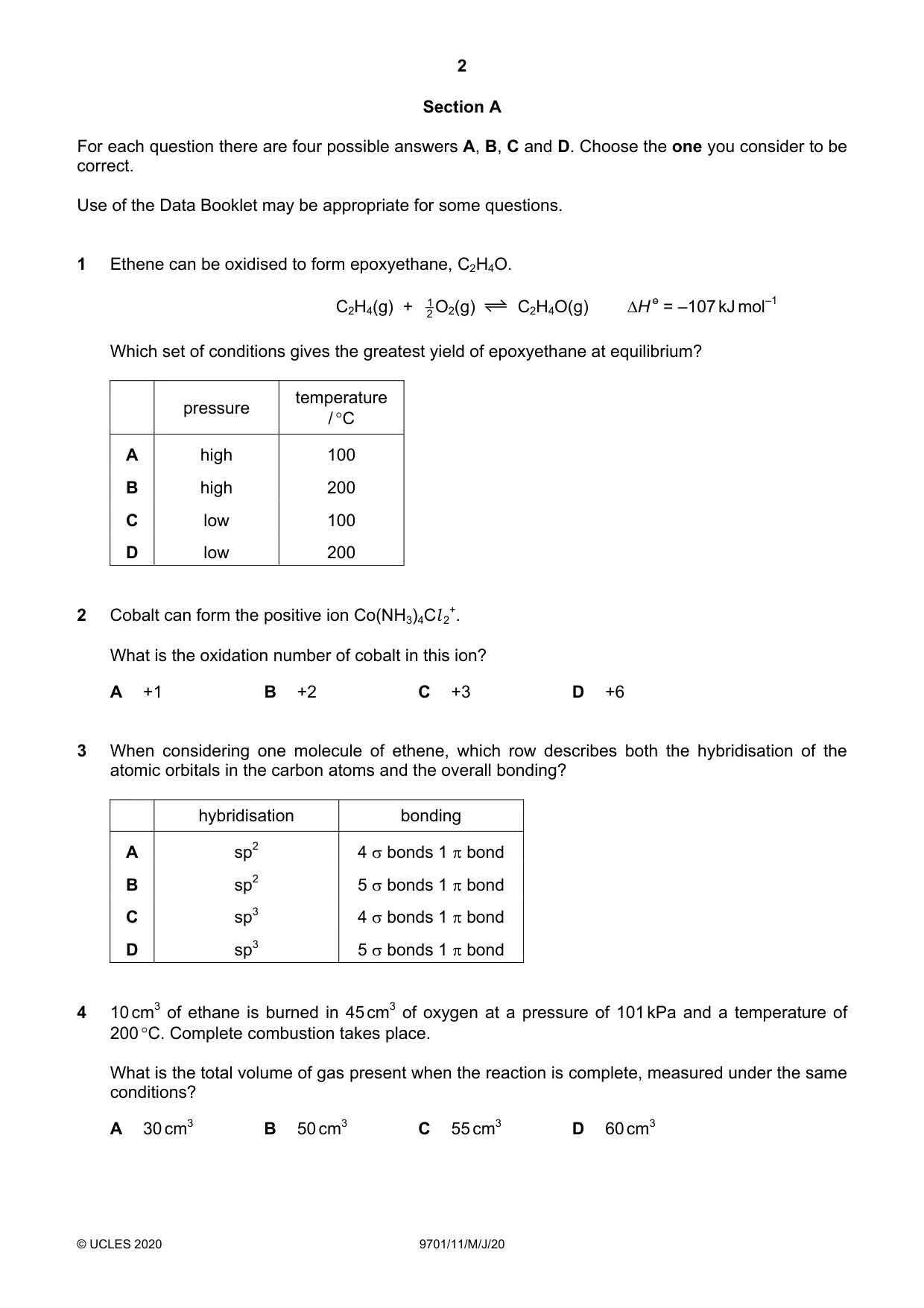 Cambridge A Level Chemistry 9701 2020 May/June Paper 1 · Variant 1 question paper, page 2 of 16