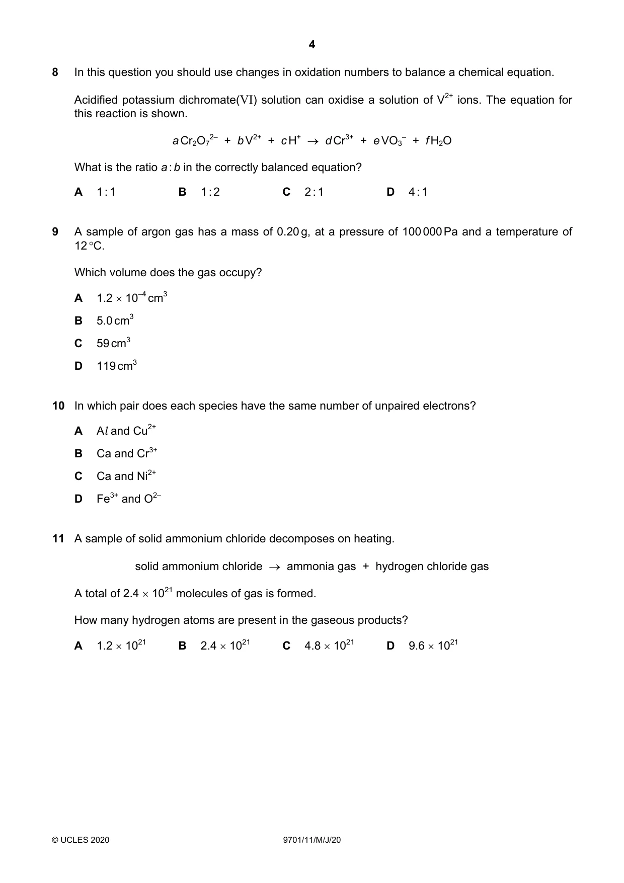Cambridge A Level Chemistry 9701 2020 May/June Paper 1 · Variant 1 question paper, page 4 of 16