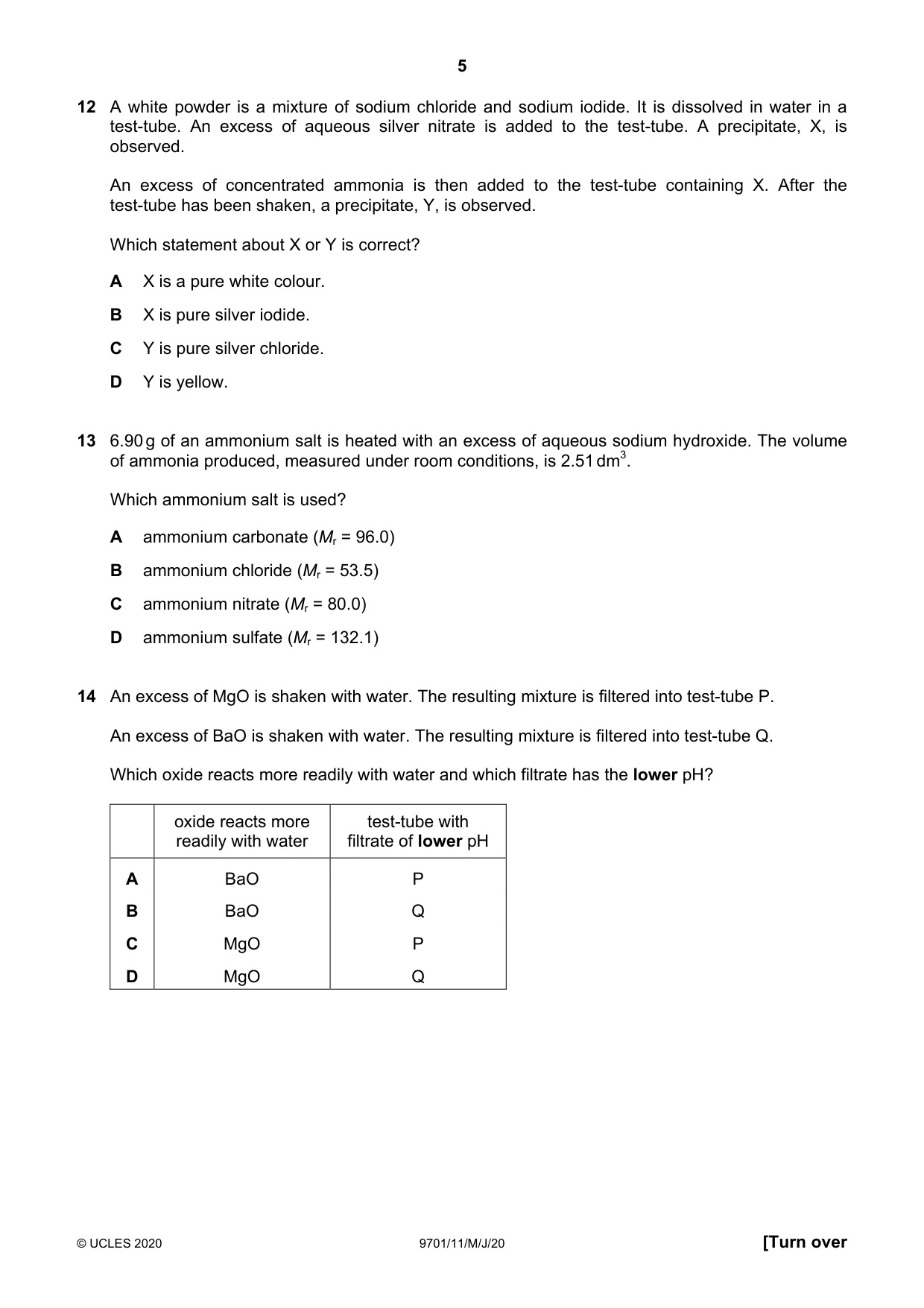 Cambridge A Level Chemistry 9701 2020 May/June Paper 1 · Variant 1 question paper, page 5 of 16