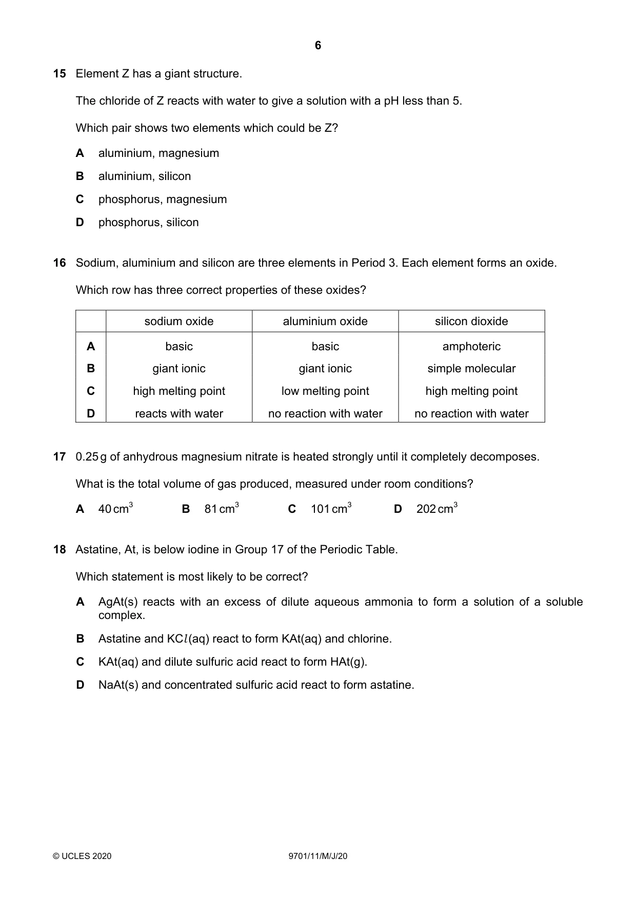 Cambridge A Level Chemistry 9701 2020 May/June Paper 1 · Variant 1 question paper, page 6 of 16