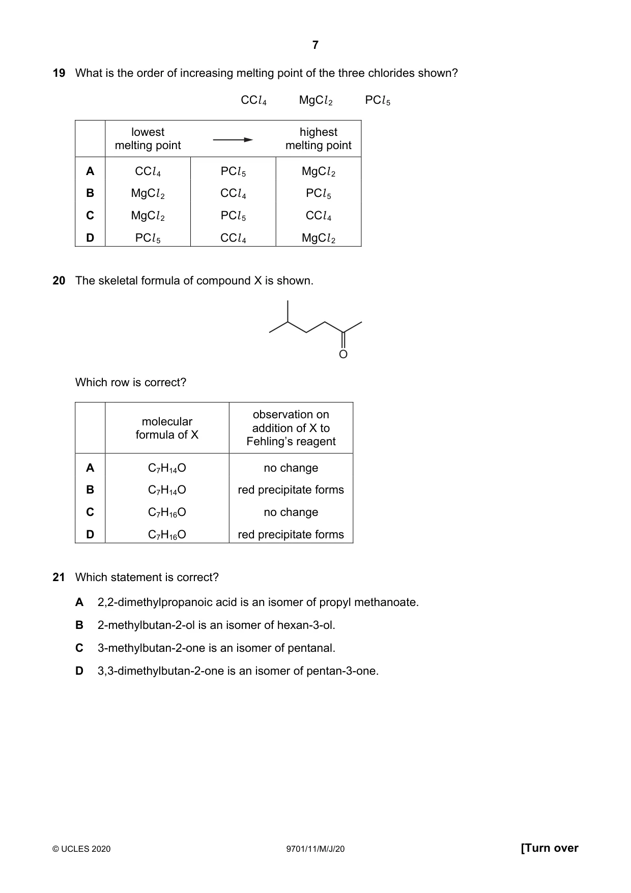 Cambridge A Level Chemistry 9701 2020 May/June Paper 1 · Variant 1 question paper, page 7 of 16