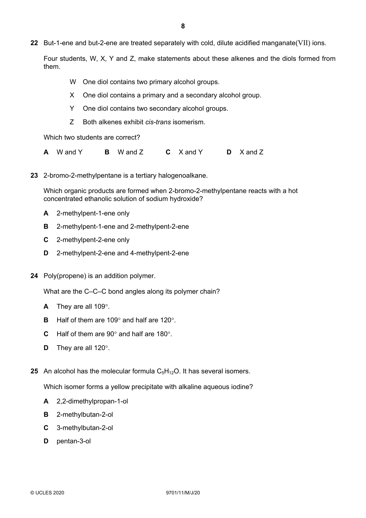 Cambridge A Level Chemistry 9701 2020 May/June Paper 1 · Variant 1 question paper, page 8 of 16