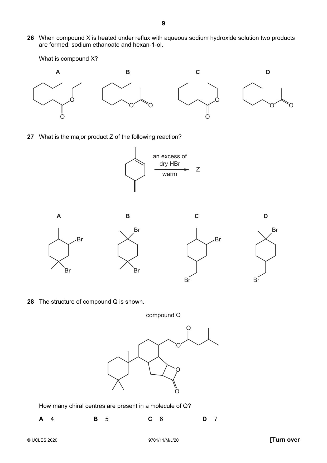 Cambridge A Level Chemistry 9701 2020 May/June Paper 1 · Variant 1 question paper, page 9 of 16