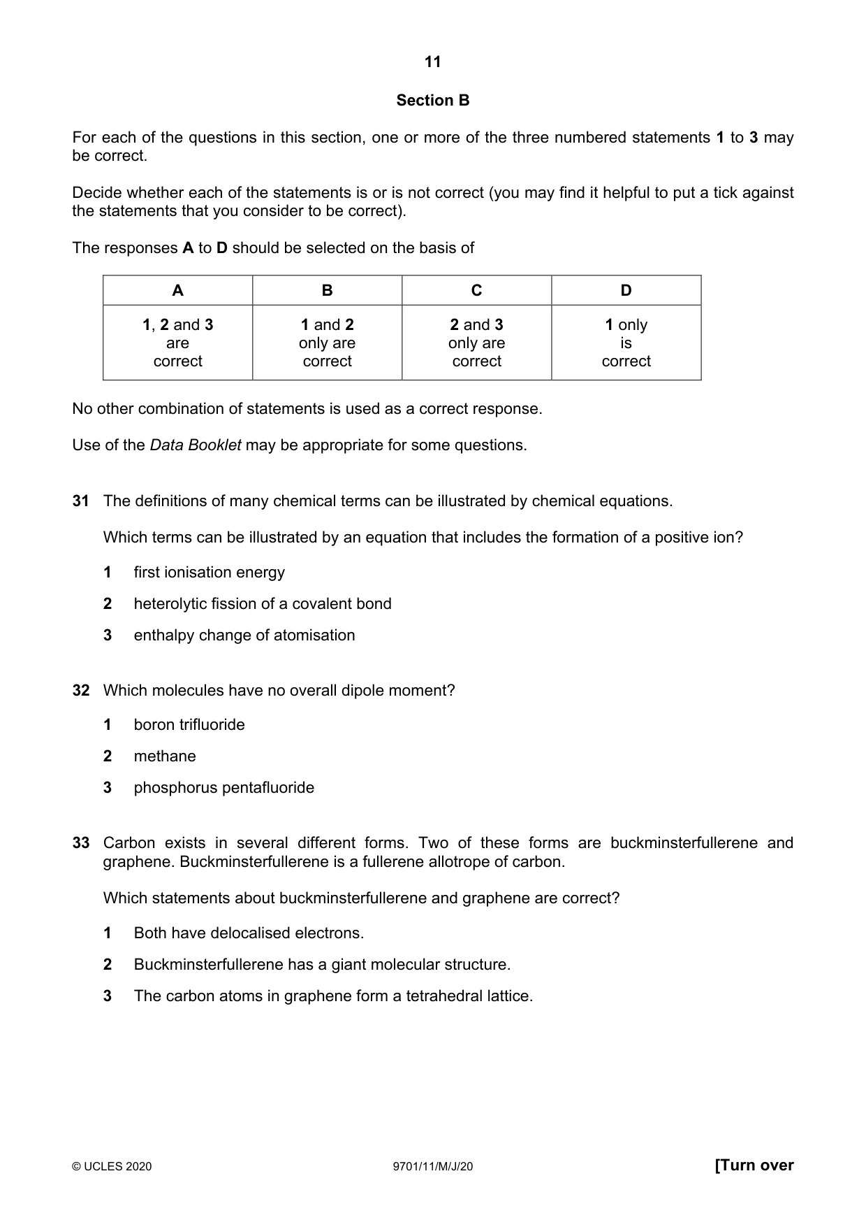 Cambridge A Level Chemistry 9701 2020 May/June Paper 1 · Variant 1 question paper, page 11 of 16