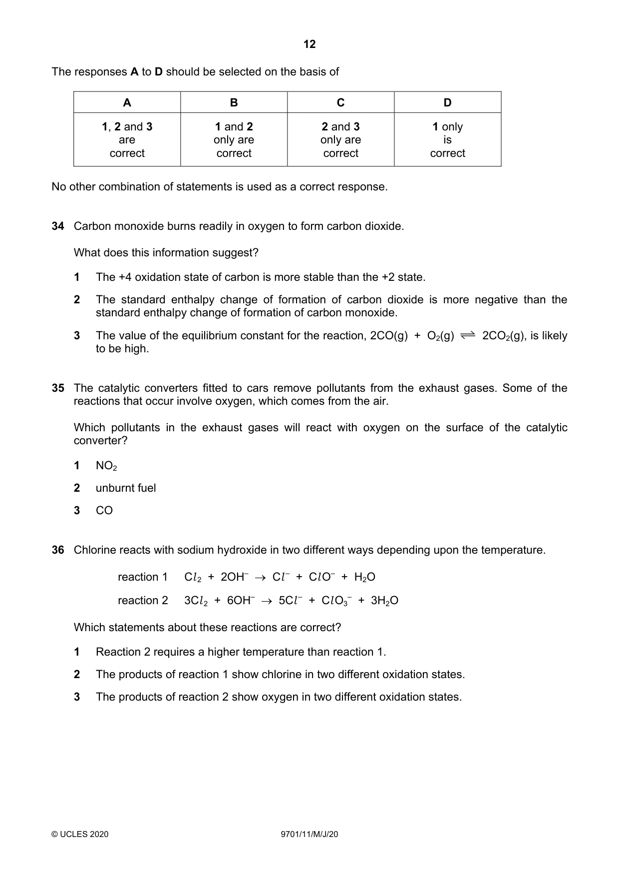 Cambridge A Level Chemistry 9701 2020 May/June Paper 1 · Variant 1 question paper, page 12 of 16