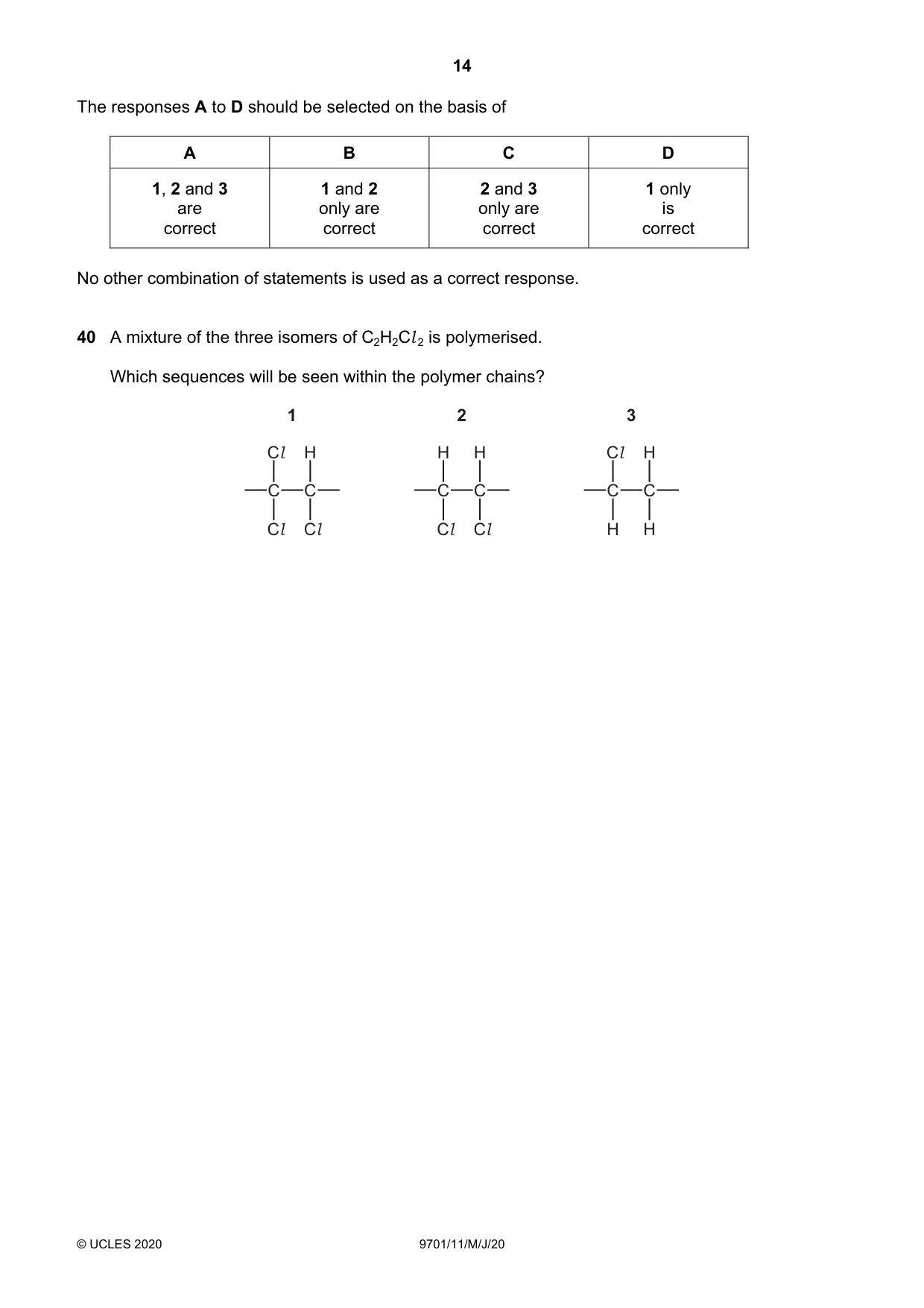 Cambridge A Level Chemistry 9701 2020 May/June Paper 1 · Variant 1 question paper, page 14 of 16